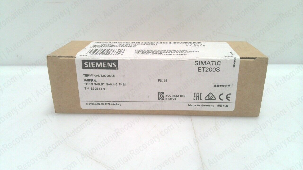 SIEMENS 6ES7 193-4CG20-0AA0, SIMATIC 1 TERMINAL MODULE TM-E30S44-01, NEW #337295