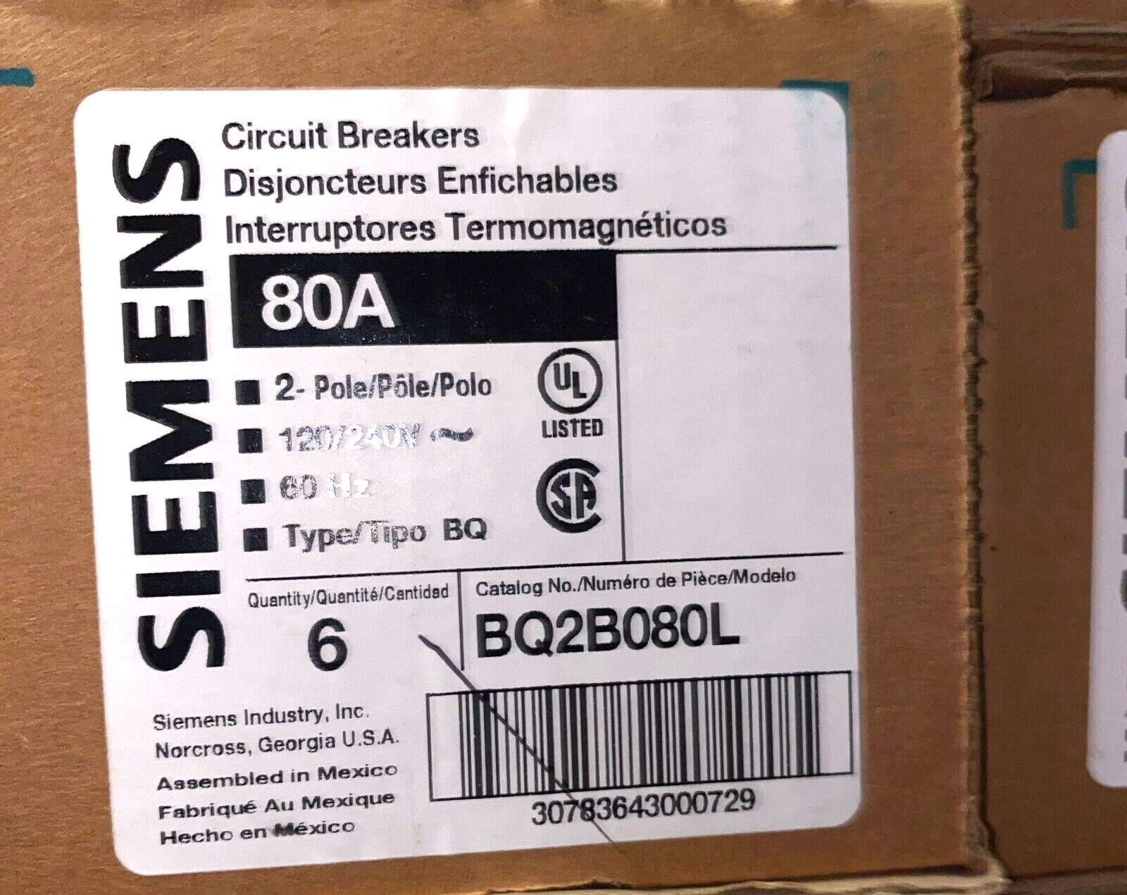 SIEMENS BQ2B080L BREAKER 2POLE 80A 120/240V NEW IN BOX READY TO SHIP