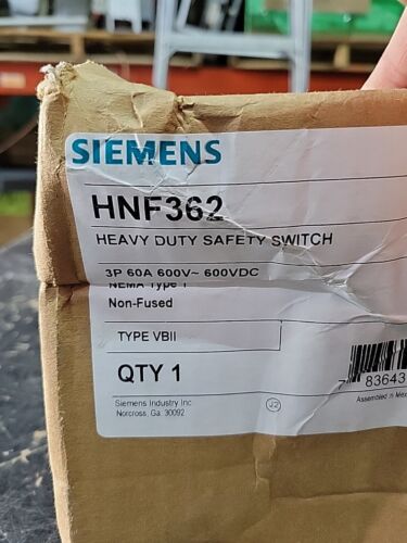 NEW  - Siemens HNF362 60 Amp 600 VAC 3 Pole Non-Fused Indoor Disconnect DIS662