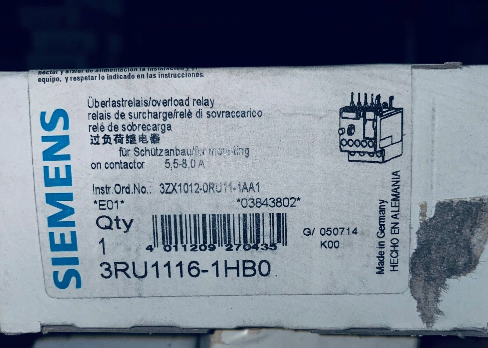 SIEMENS 3RU1116-1HB0 OVERLOAD RELAY 5.5-8A NEW IN BOX READY TO SHIP