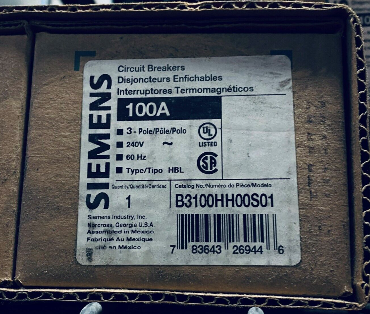 SIEMENS B3100HH00S01 BREAKER 3POLE 100A 240V NEW IN BOX READY TO SHIP