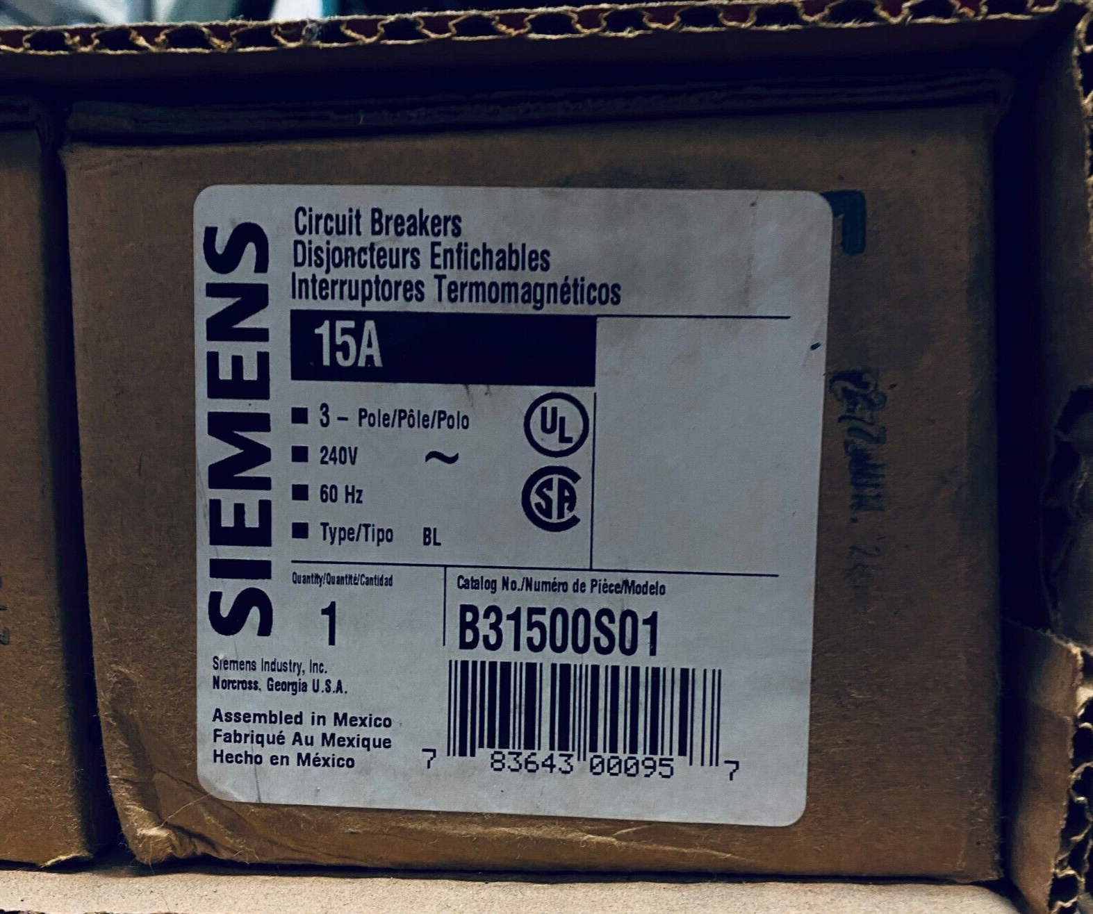SIEMENS B31500S01 BREAKER 3POLE 15A 240V NEW IN BOX READY TO SHIP