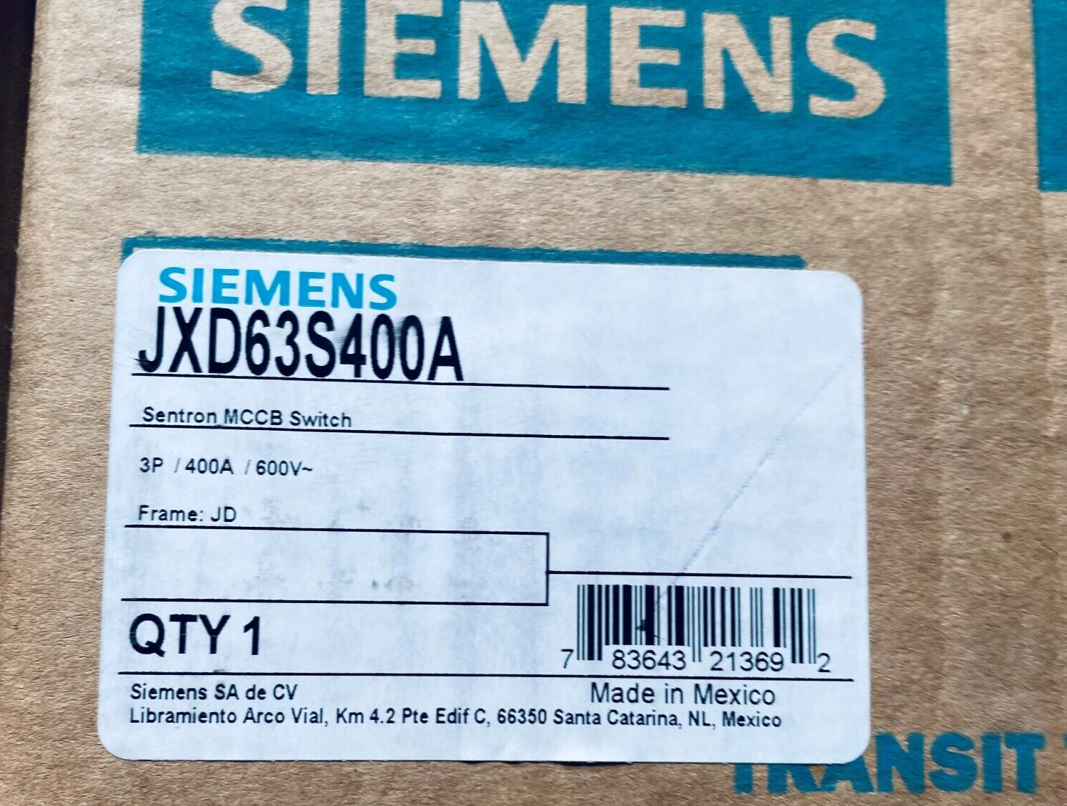 SIEMENS JXD63S400A SENTRON MCCB SWITCH 3POLE 400A 600V NEW READY TO SHIP