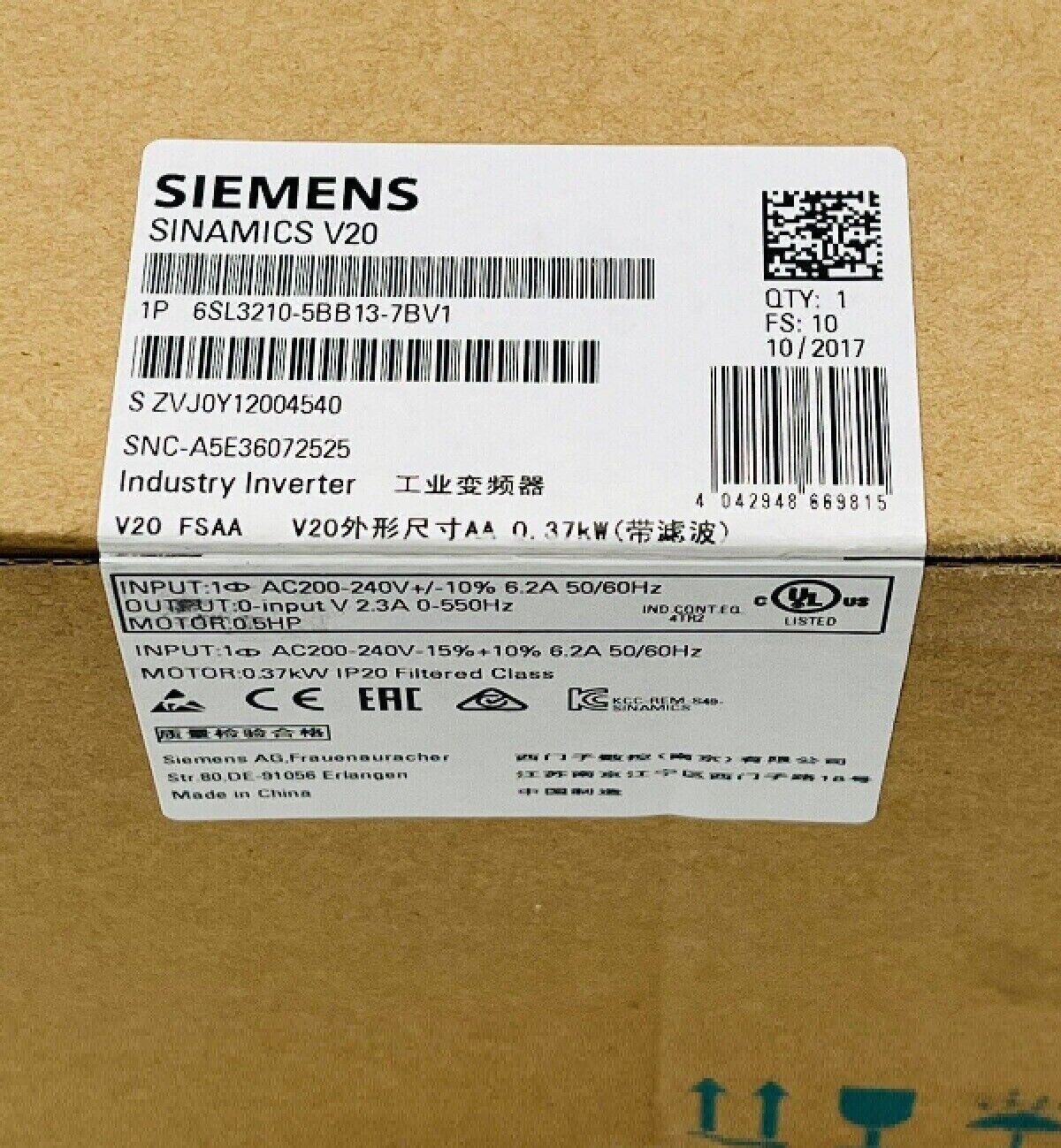 6SL3210-5BB13-7BV1 NEW Sealed SIEMENS Industry Inverter 6SL3210-5BB13-7BV1 IPCS