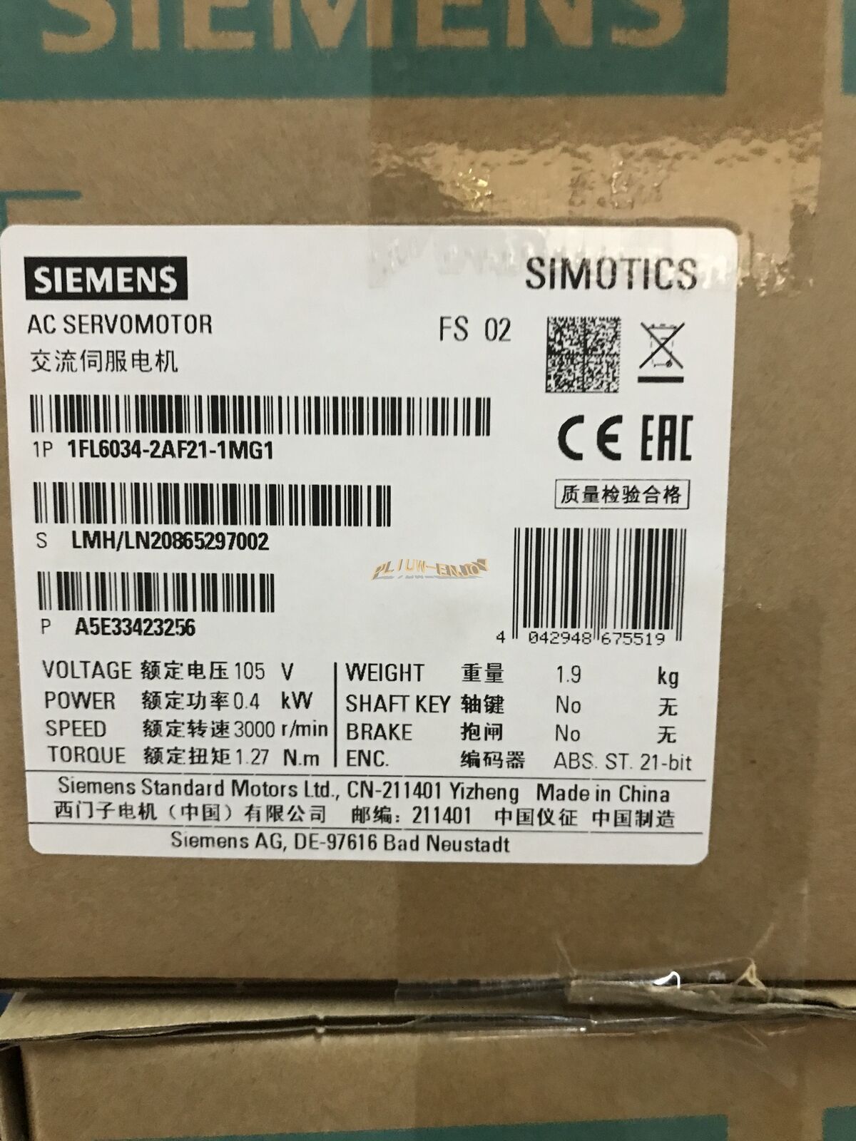 ONE NEW SIEMENS Servo Motor 1FL6034-2AF21-1MG1
