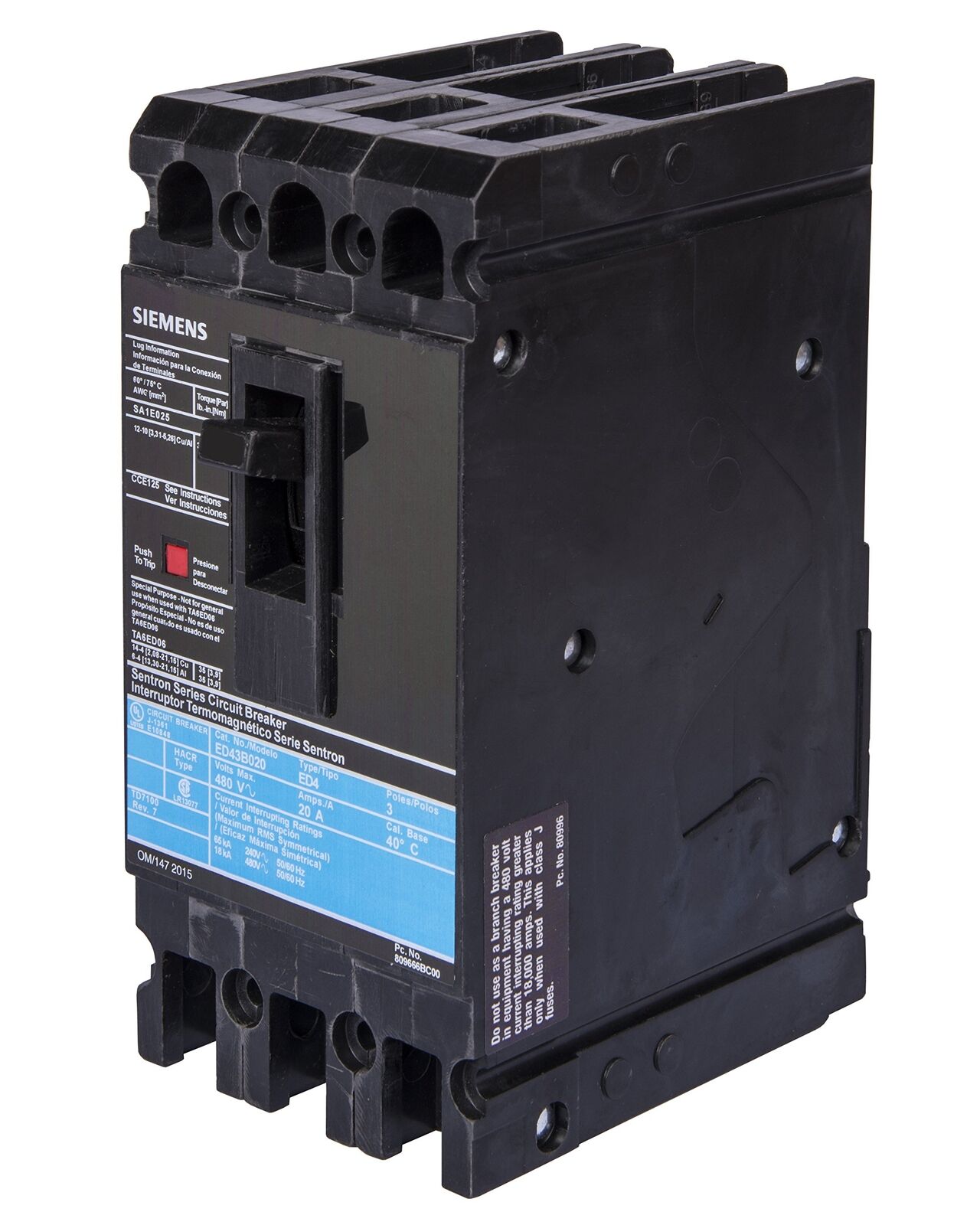 Siemens HED43B025 Circuit Breaker, Type HED4, 25 Amp, 3 Pole