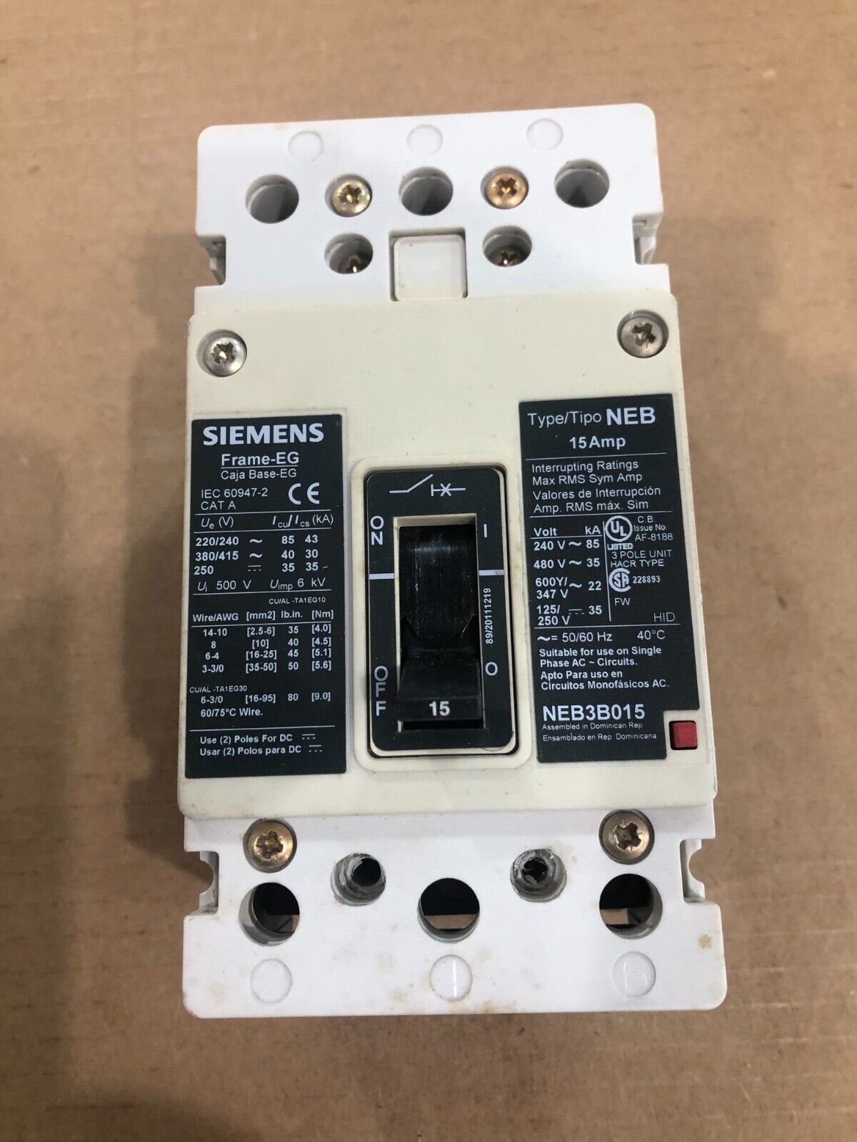 Siemens 15 Amp Neb Circuit Breaker 3 Pole 480 VAC NEB3B015