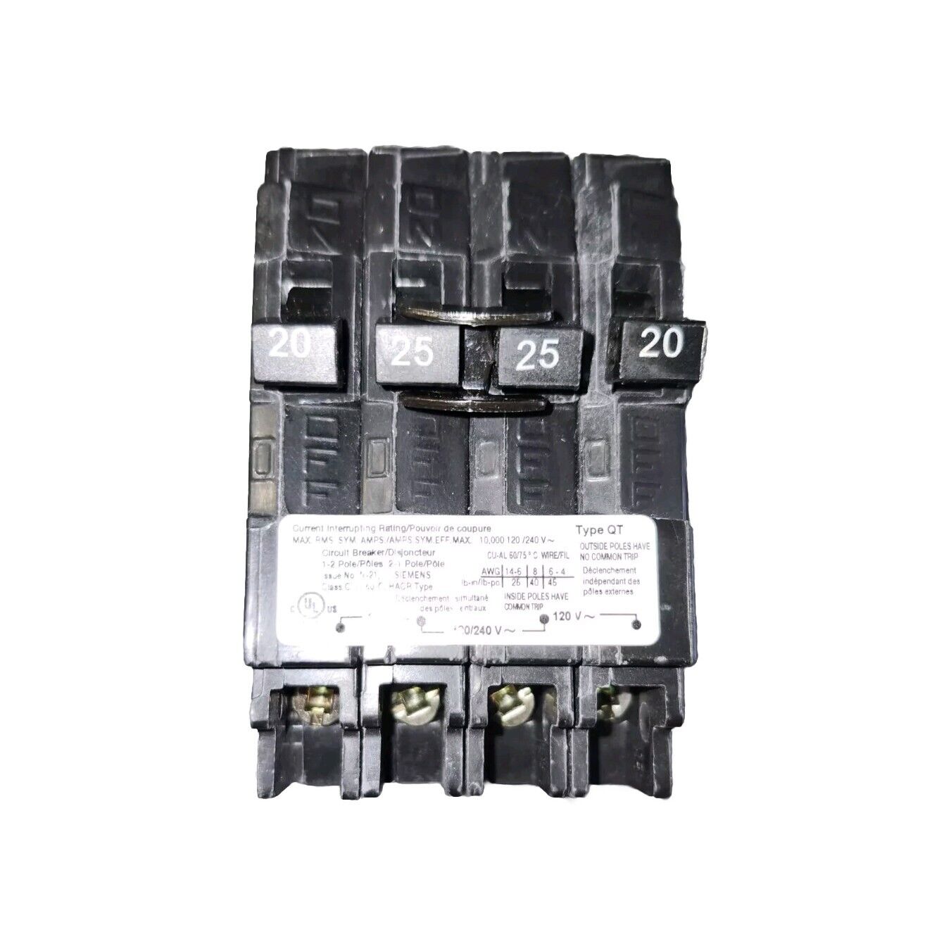 SIEMENS Q22025CT BREAKER 4POLE 20/25AMP NSNP