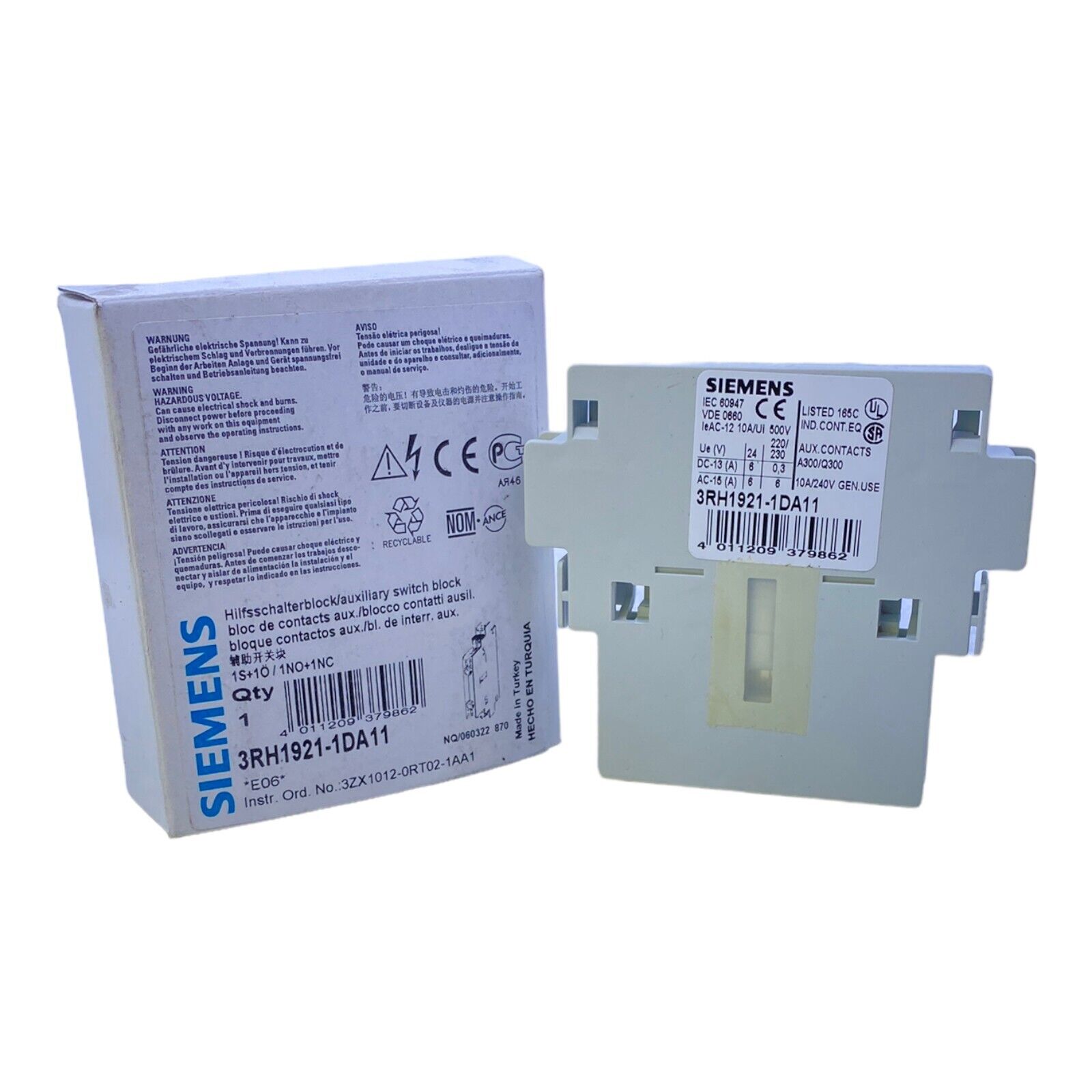 Siemens 3RH1921-1DA11 10A/240V IP20 6A 500V/220 230 Auxiliary Switch Block