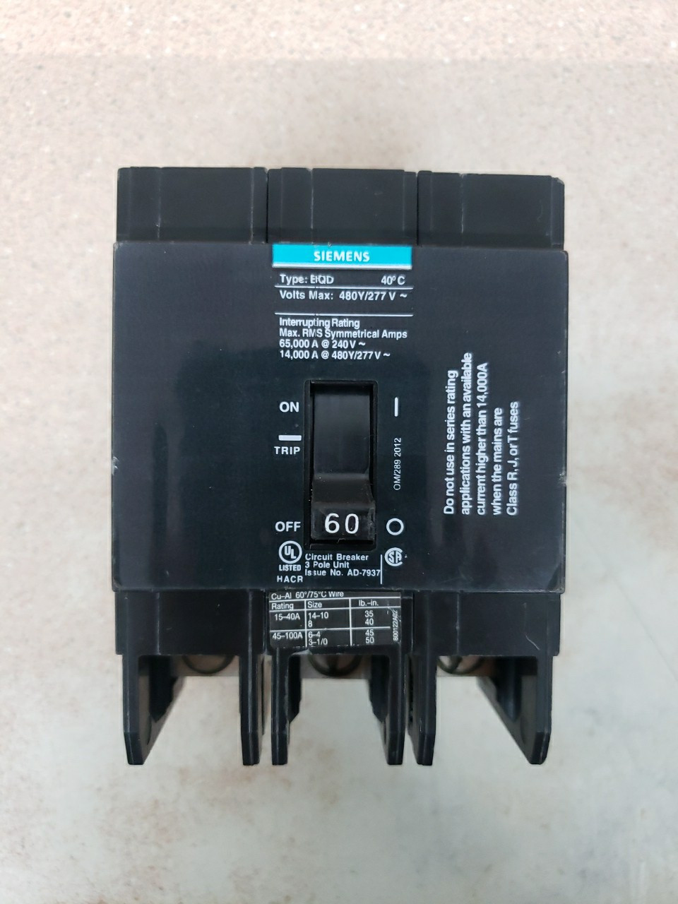 Siemens BQD360BP 3p 60 Amp 480Y/277V
