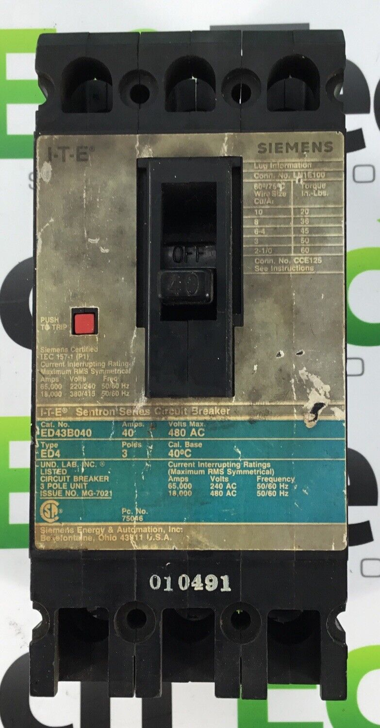 SIEMENS SENTRON SERIES ED4 ED43B040 CIRCUIT BREAKER 40AMP 480VOLT 3POLE 18KA