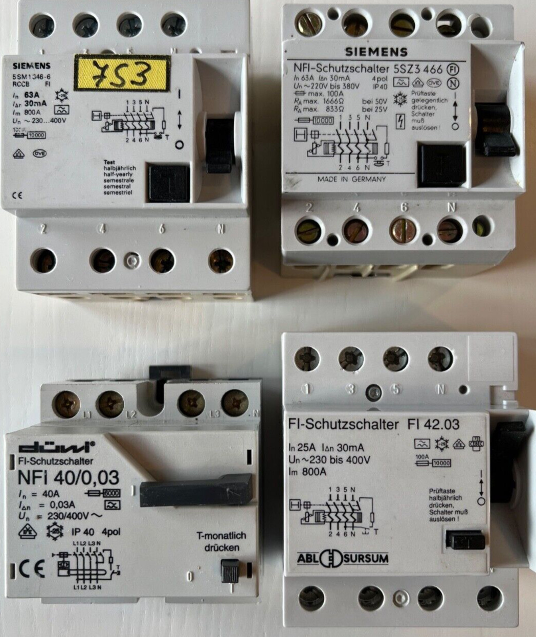 4x residual current circuit breaker (RF circuit breaker) – Siemens 5SM1346-6, ABL, Duwi