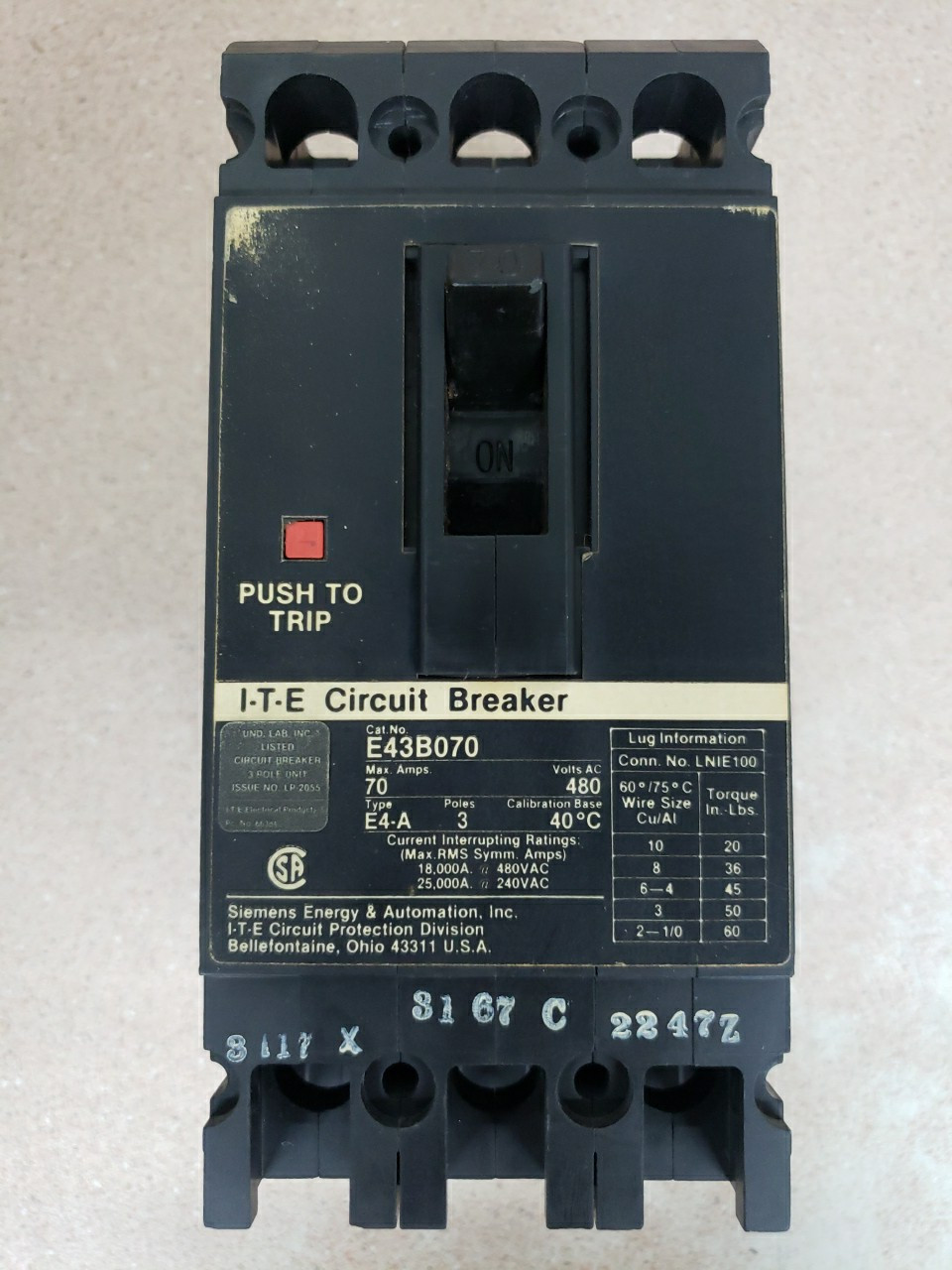 ITE Siemens E43B070, 70 Amp 480 Volt 3P Circuit Breaker B# SEE PICS