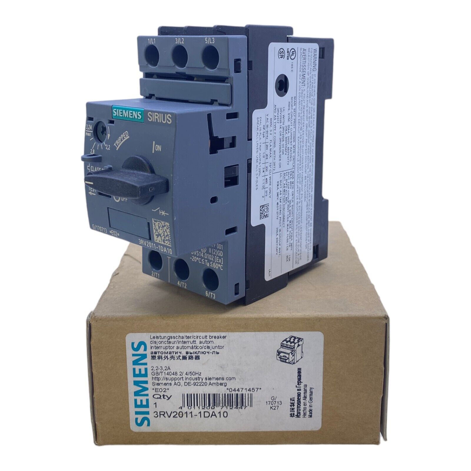 Siemens 3RV2011-1DA10 Motor Circuit Breaker 2.2…3.2A 400/440/690V 100/10kA 32A