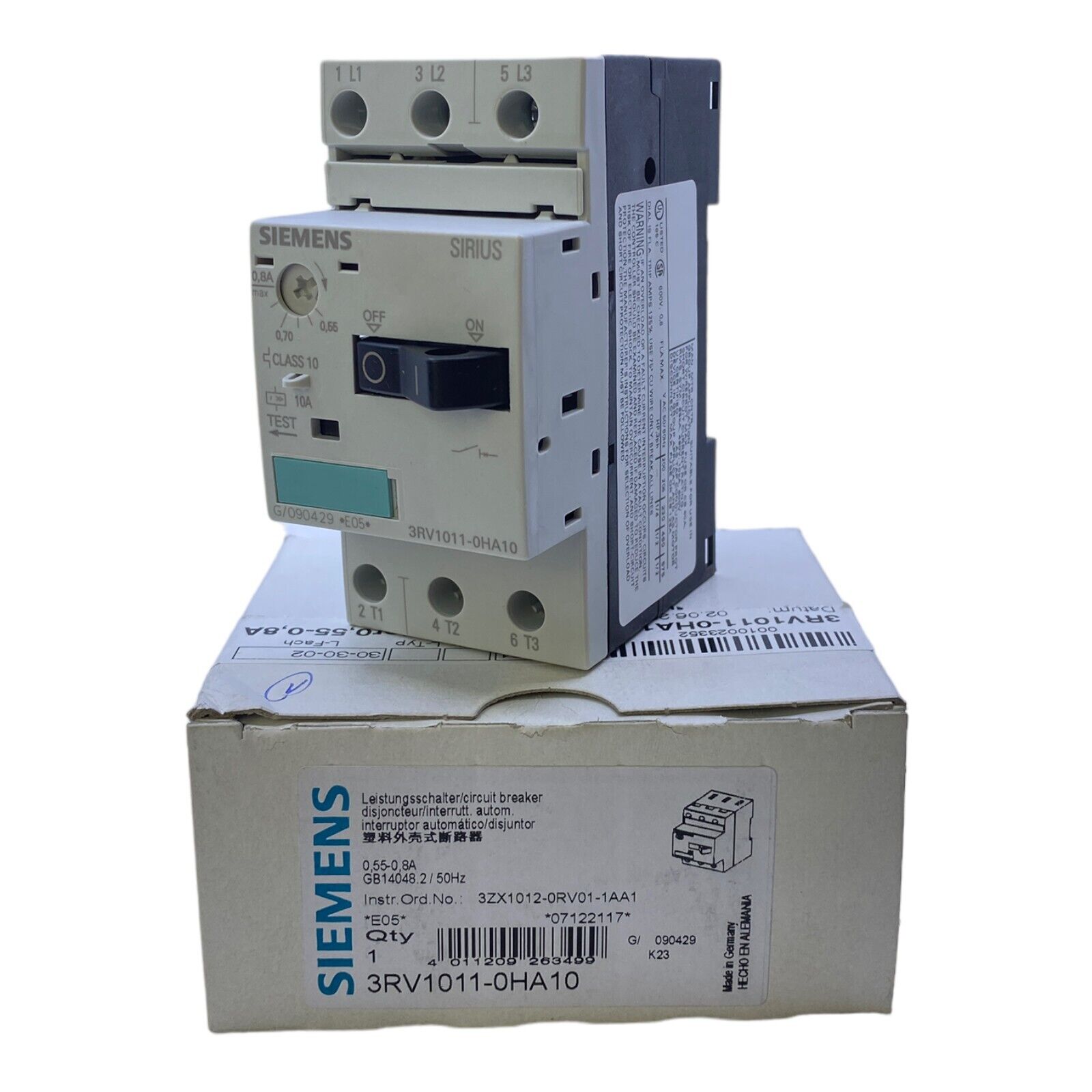 Siemens 3RV1011-0HA10 Motor Circuit Breaker 0.55-0.8A 50Hz 3 Pole