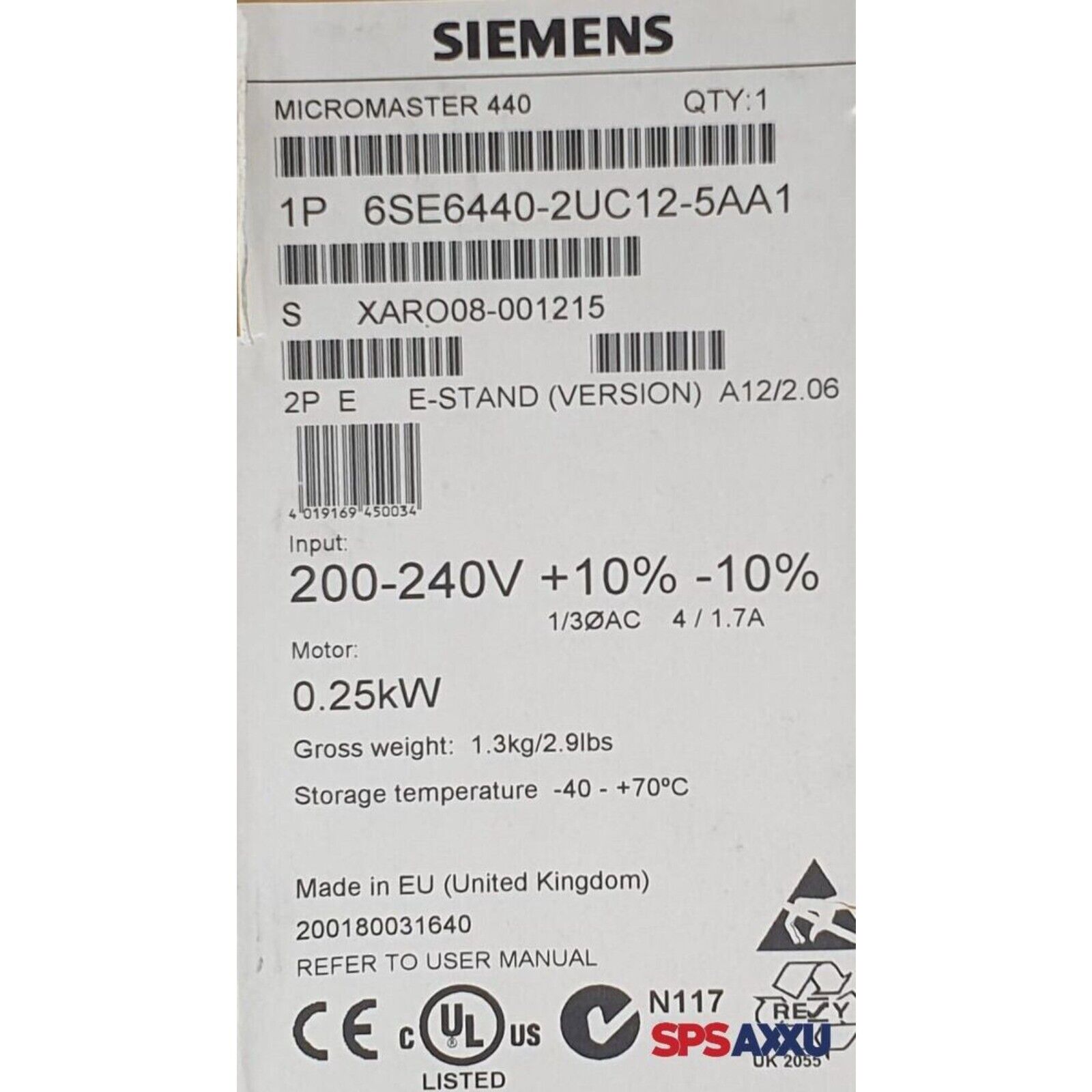 NEW Siemens 6SE6440-2UC12-5AA1 6SE6440-2UC12-5AA1 MICROMASTER440 without filter