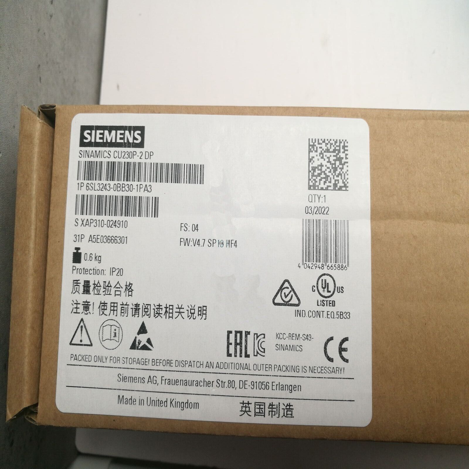 6SL3243-0BB30-1PA3 NEW SIEMENS SINAMICS G120P CU230P-2 DP 6SL3243-0BB30-1PA3