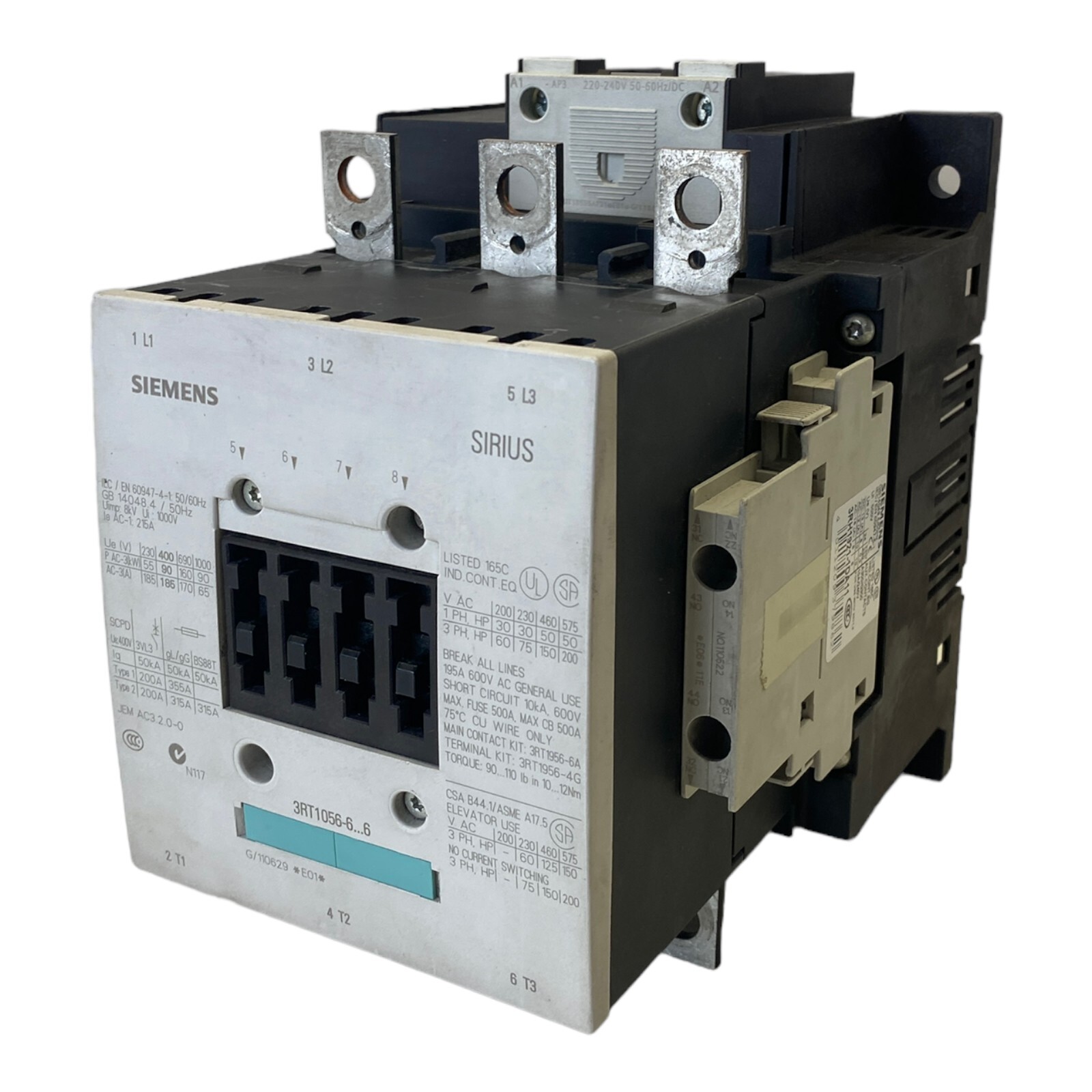 Siemens 3RT1056-6AP36 Power Contactor 3 Pole 90kW / 400V AC (50-60Hz) / DC