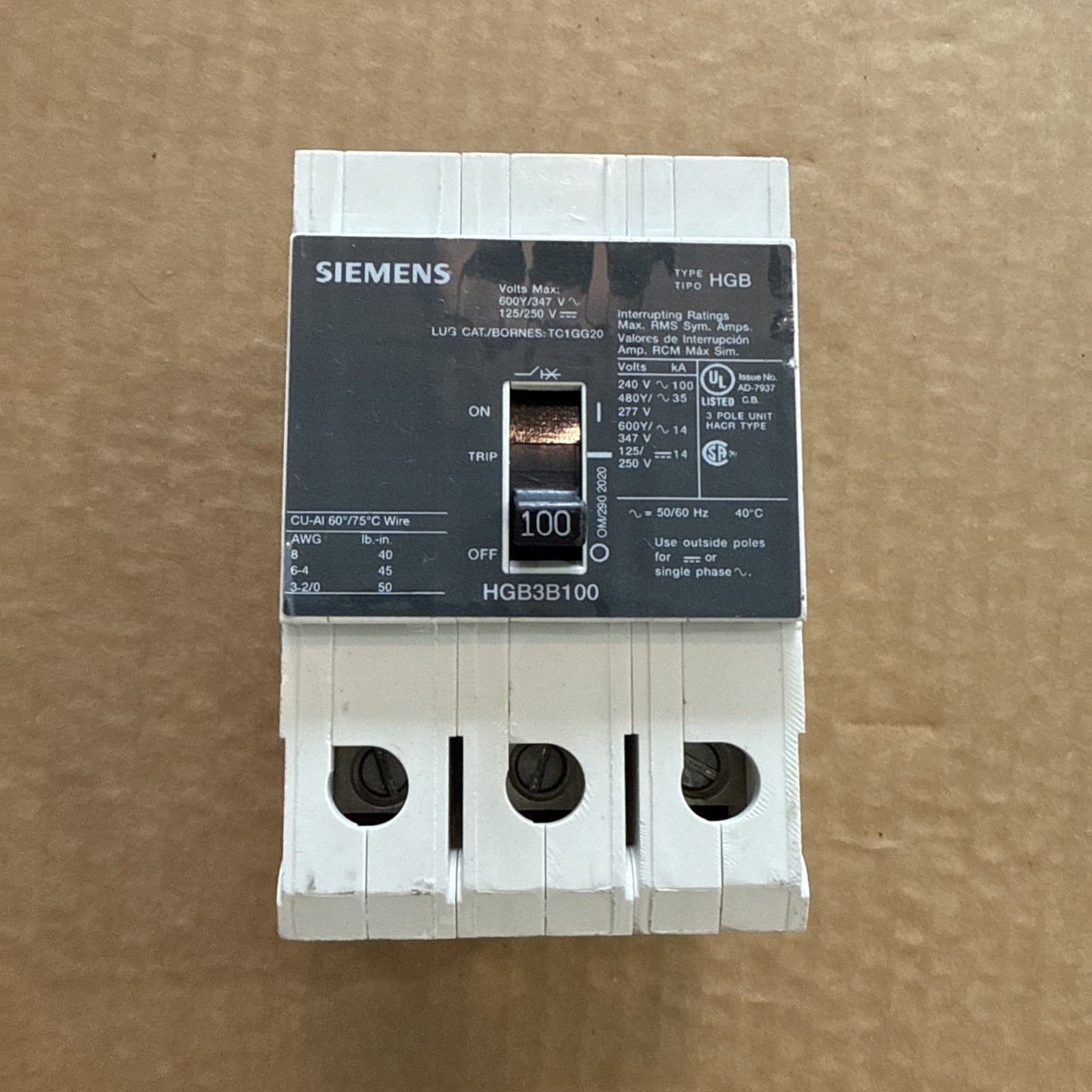 ✅Siemens HGB3B100B 100 Amp 3 Pole 480 Volt Bolt-On Molded Case Circuit Breaker✅