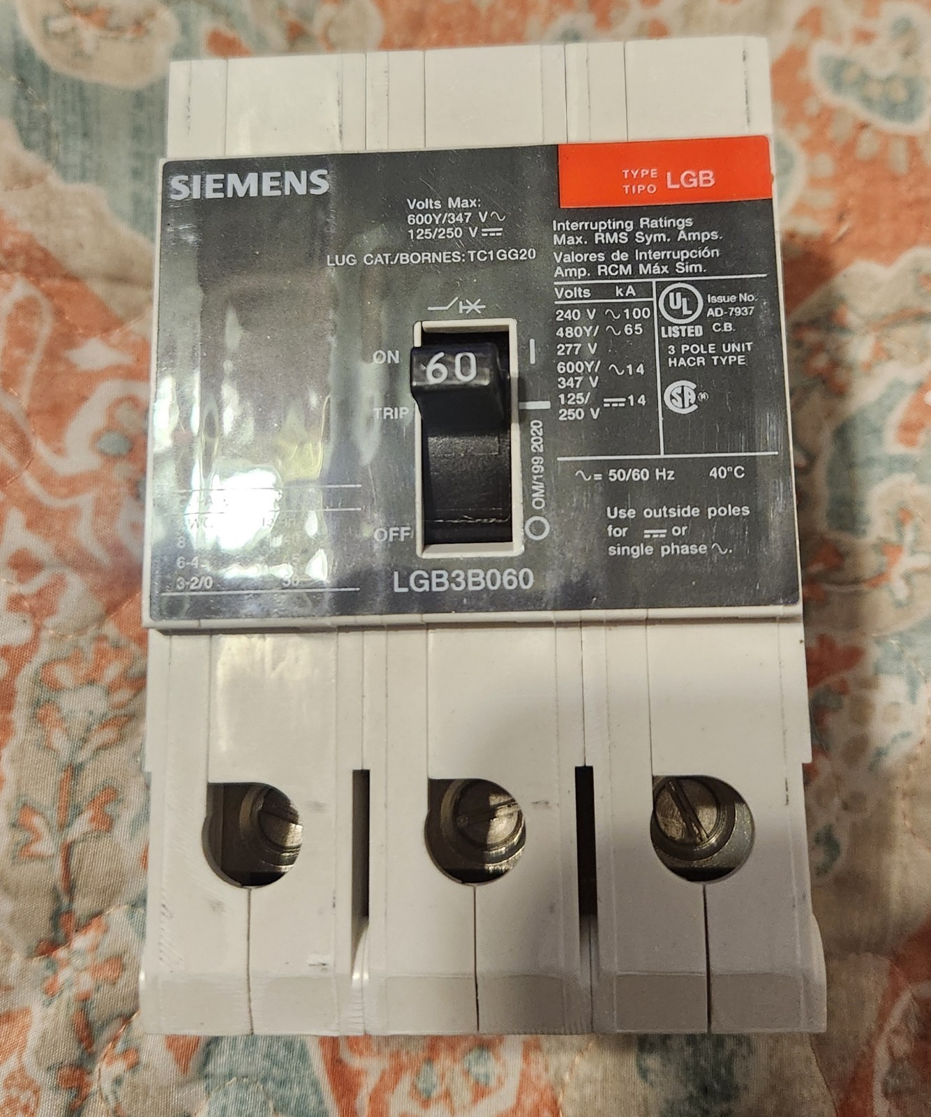 Siemens LGB3B060B 600Vac 60A 3-Pole 3-Phase Molded Case Circuit Breaker