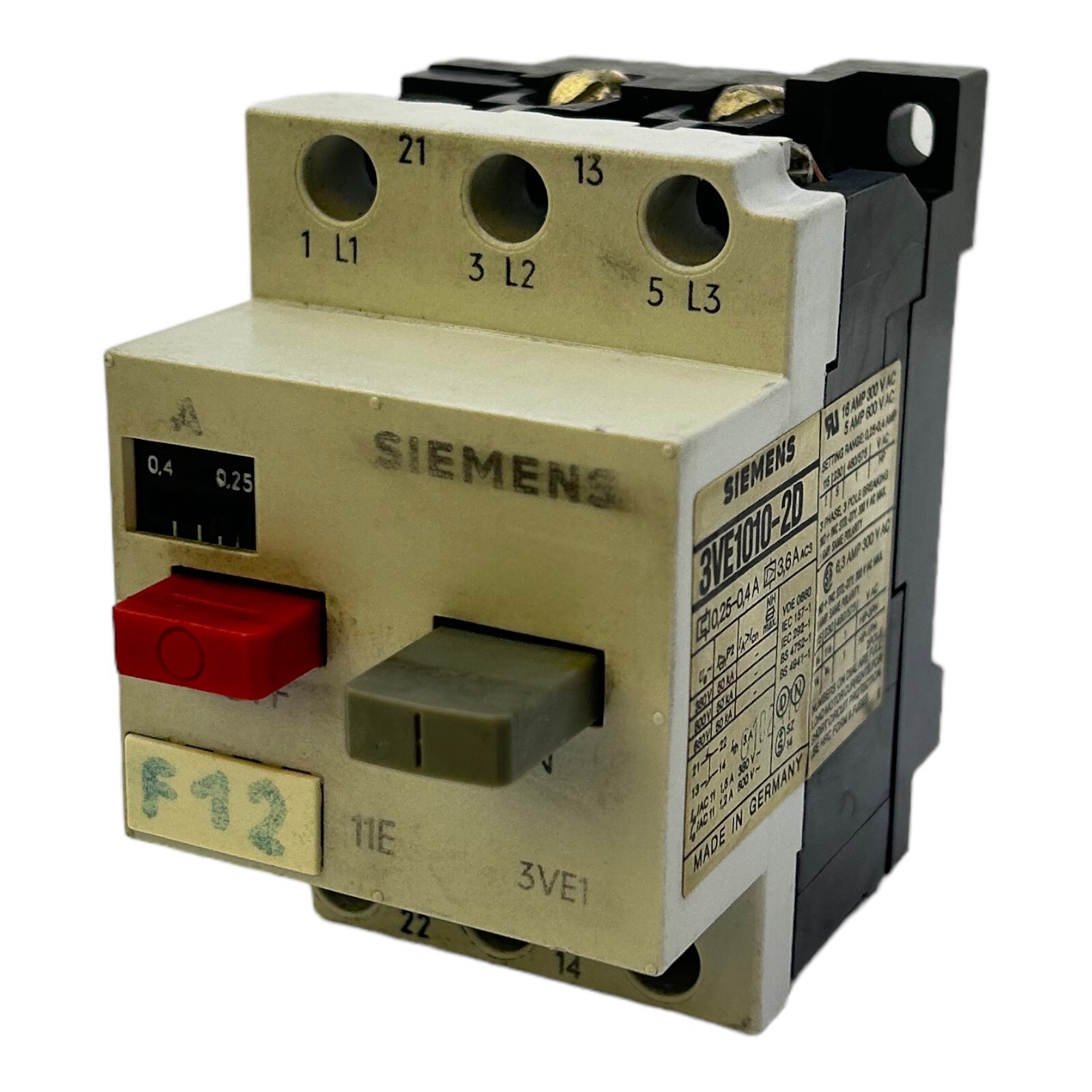 Siemens 3VE1010-2D Circuit Breaker 300V AC 16A 0.25-0.4A 3-Phase
