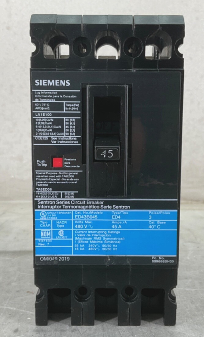 SIEMENS ED43B045 CIRCUIT BREAKER 45 A 480V 3P FREE 2-DAY SHIPPING