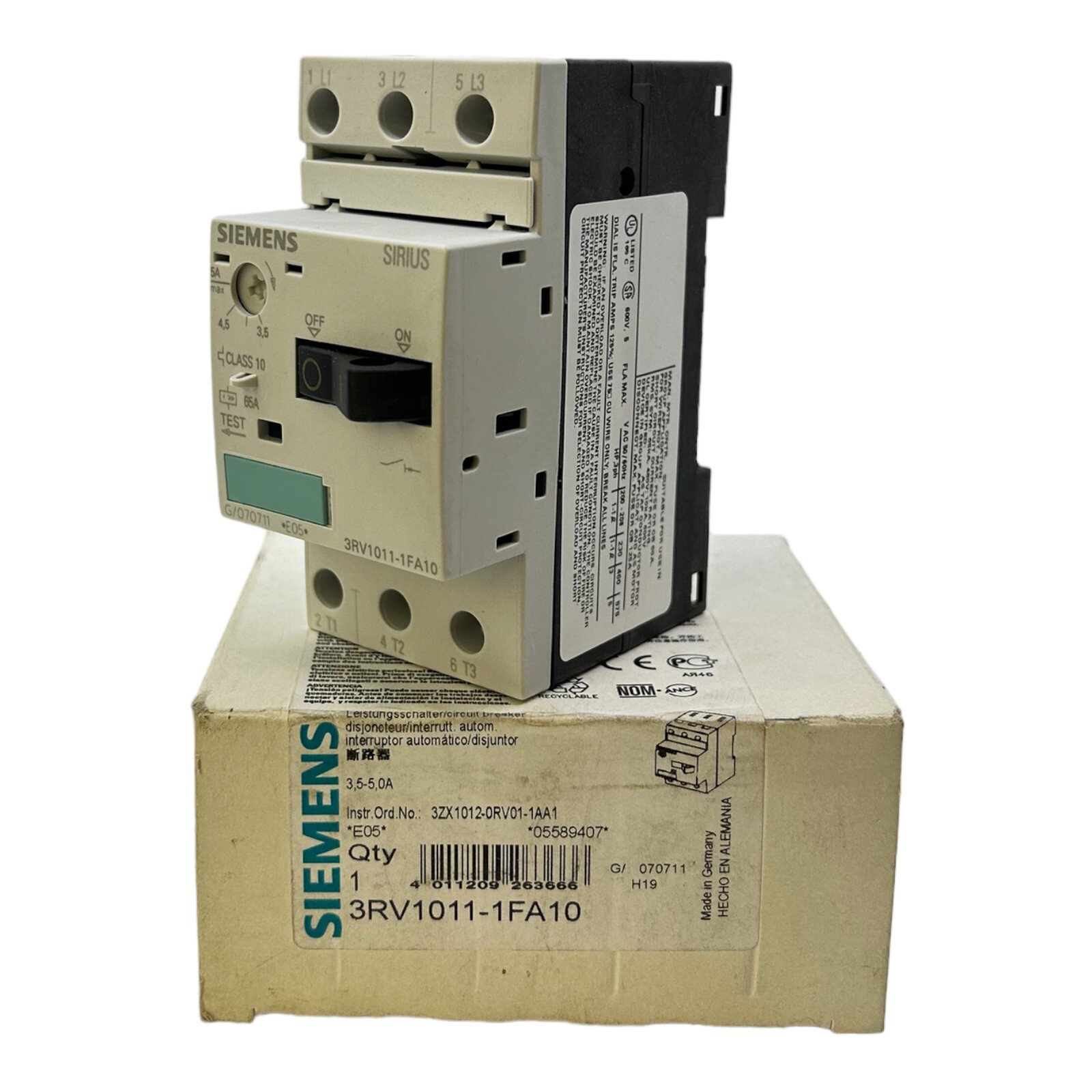 Siemens 3RV1011-1FA10 Circuit Breaker IP20 3.6A 5A 690V AC 3 Pole 3 NO.