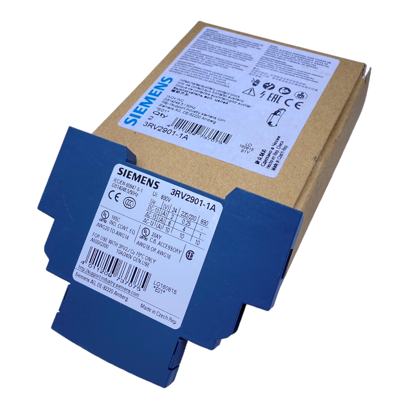 Siemens 3RV2901-1A Auxiliary Contact Block 2-Pole 250V DC 690V AC 1NO+1NC