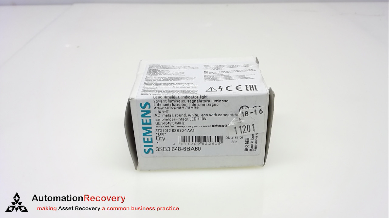SIEMENS 3SB3 648-6BA60, INDICATOR LIGHT, WHITE, LED, 110V, NEW #243993