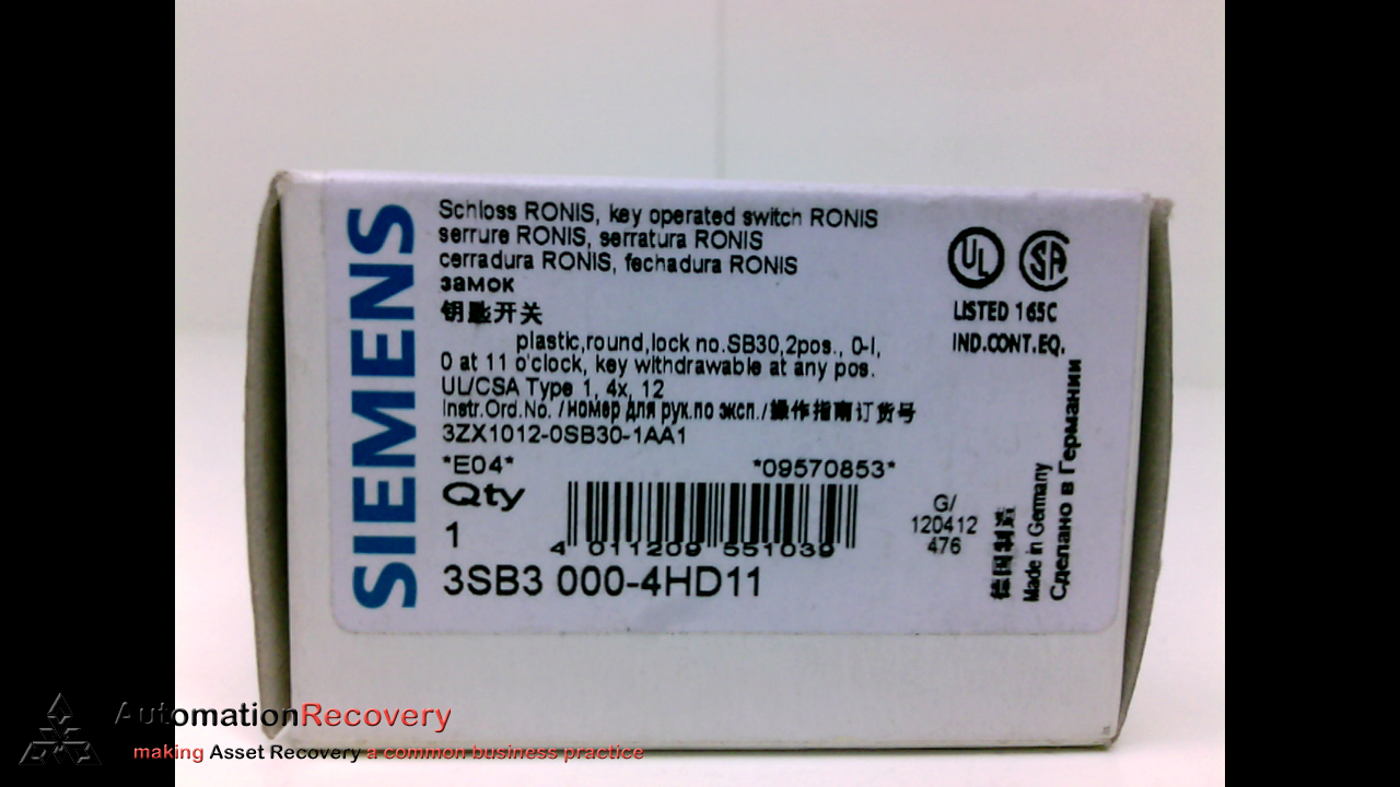 SIEMENS 3SB3 000-4HD11, KEY OPERATAED SWITCH, PLASTIC, ROUND, NEW #190810