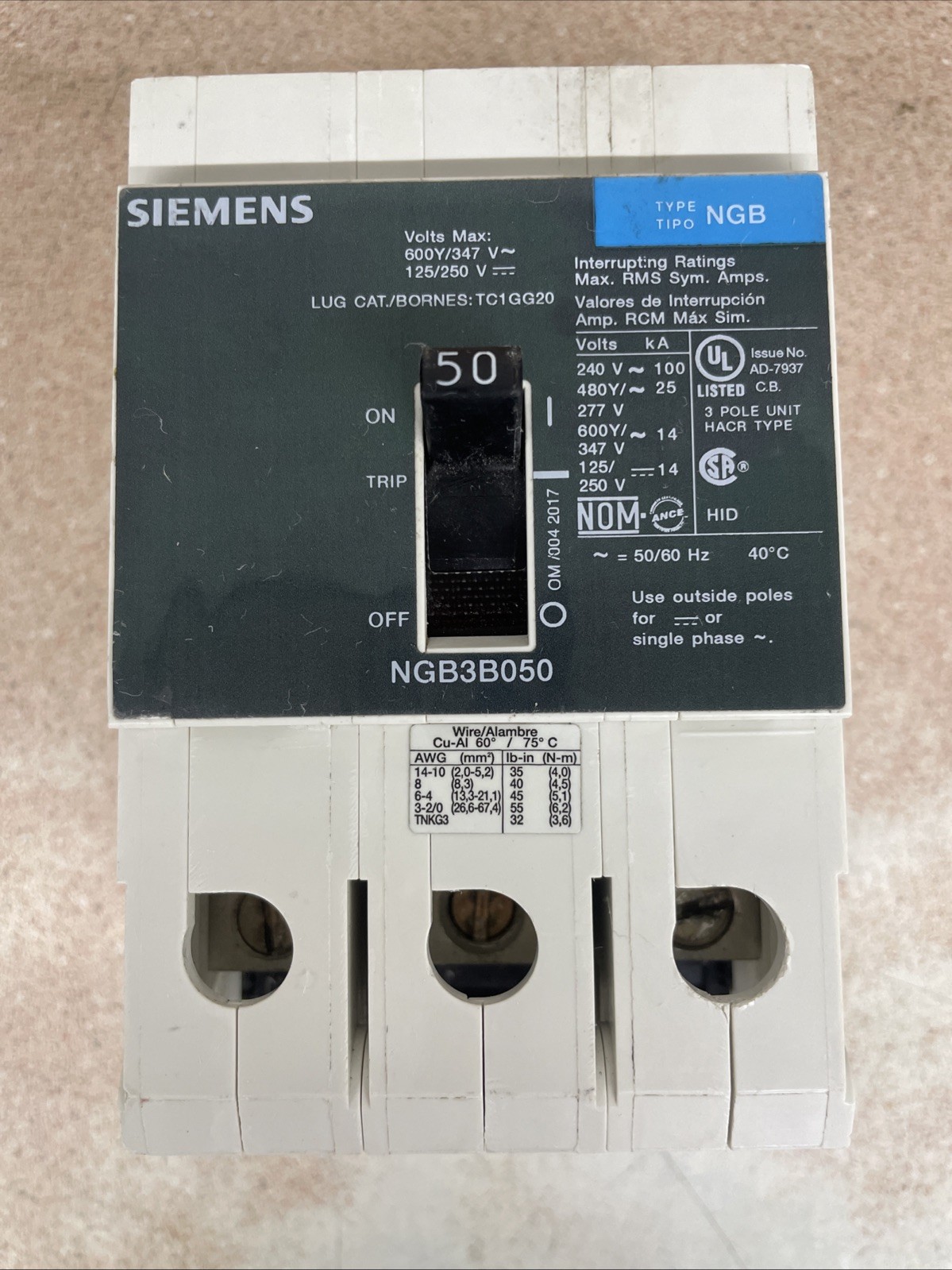 Siemens NGB NGB3B050B 3 Pole 600V 50 Amp Circuit Breaker NGB3B050