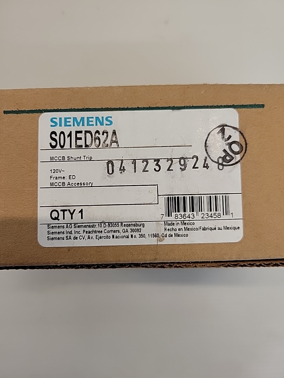 NEW SIEMENS S01ED62A MCCB SHUNT TRIP AND AUXILLIARY FOR ED FRAME BREAKERS 120V