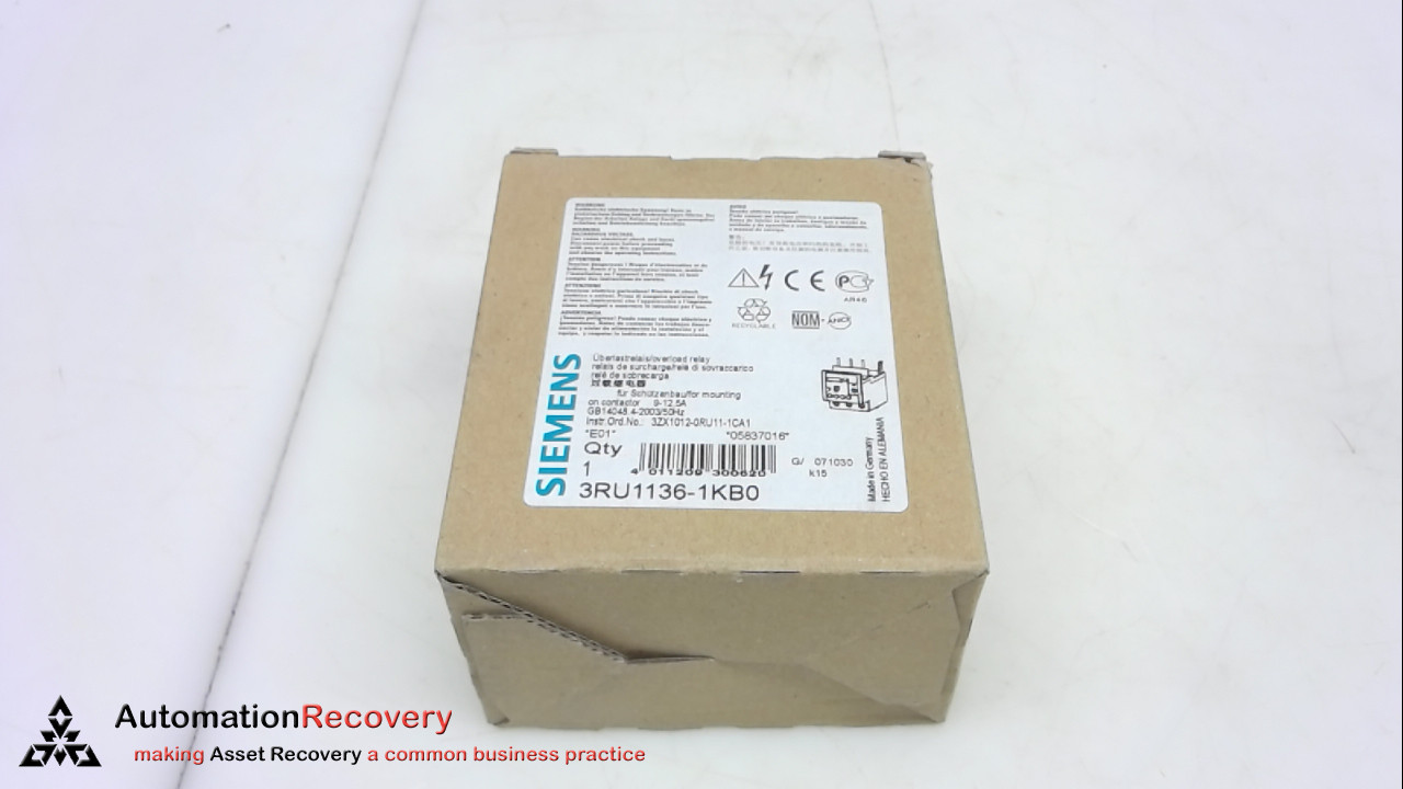 SIEMENS 3RU1136-1KB0, OVERLOAD RELAY, 9-12.5A, 50HZ, NEW #250419