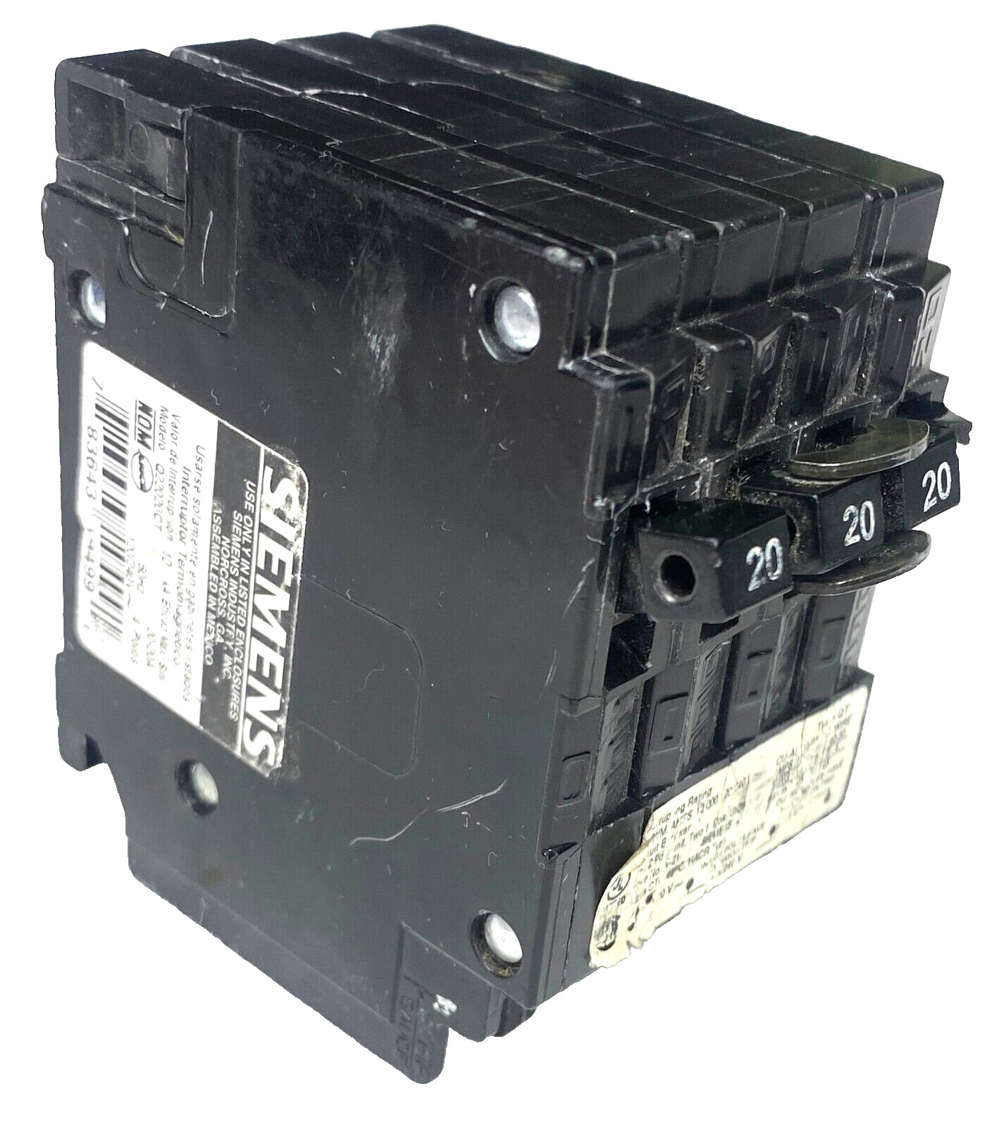 20-20A Siemens Q22020CT Circuit Breaker Two 1Pole One 2Pole Common Trip w/ FLAWS