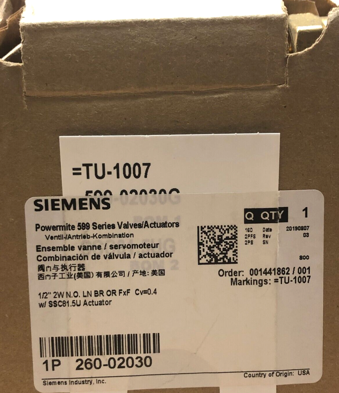 SIEMENS 260-02030 / POWERMITE 599 SERIES VALVES/ACTUATORS  BRAND NEW FACTORY BOX