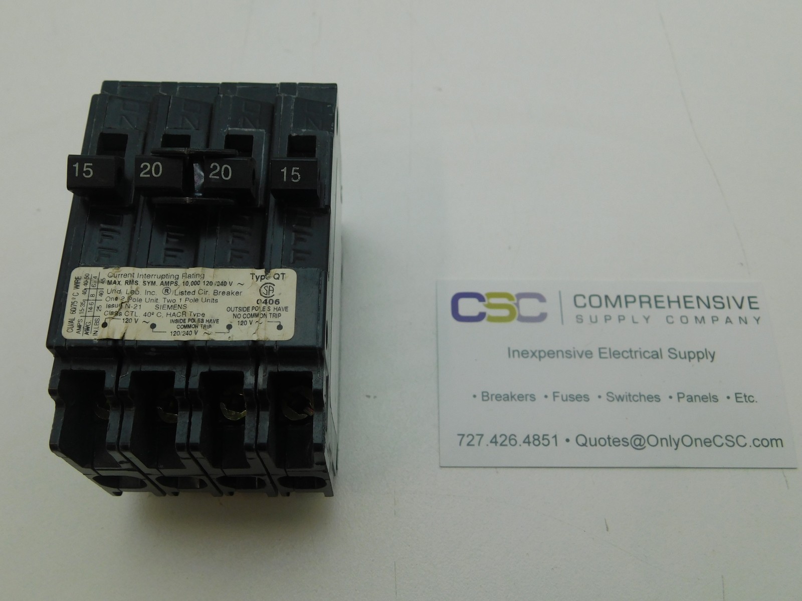 Q21520CT - SIEMENS 15/20/20/15A AMP 4P POLE 10kA@120/240V PLUG ON BREAKER -RECON