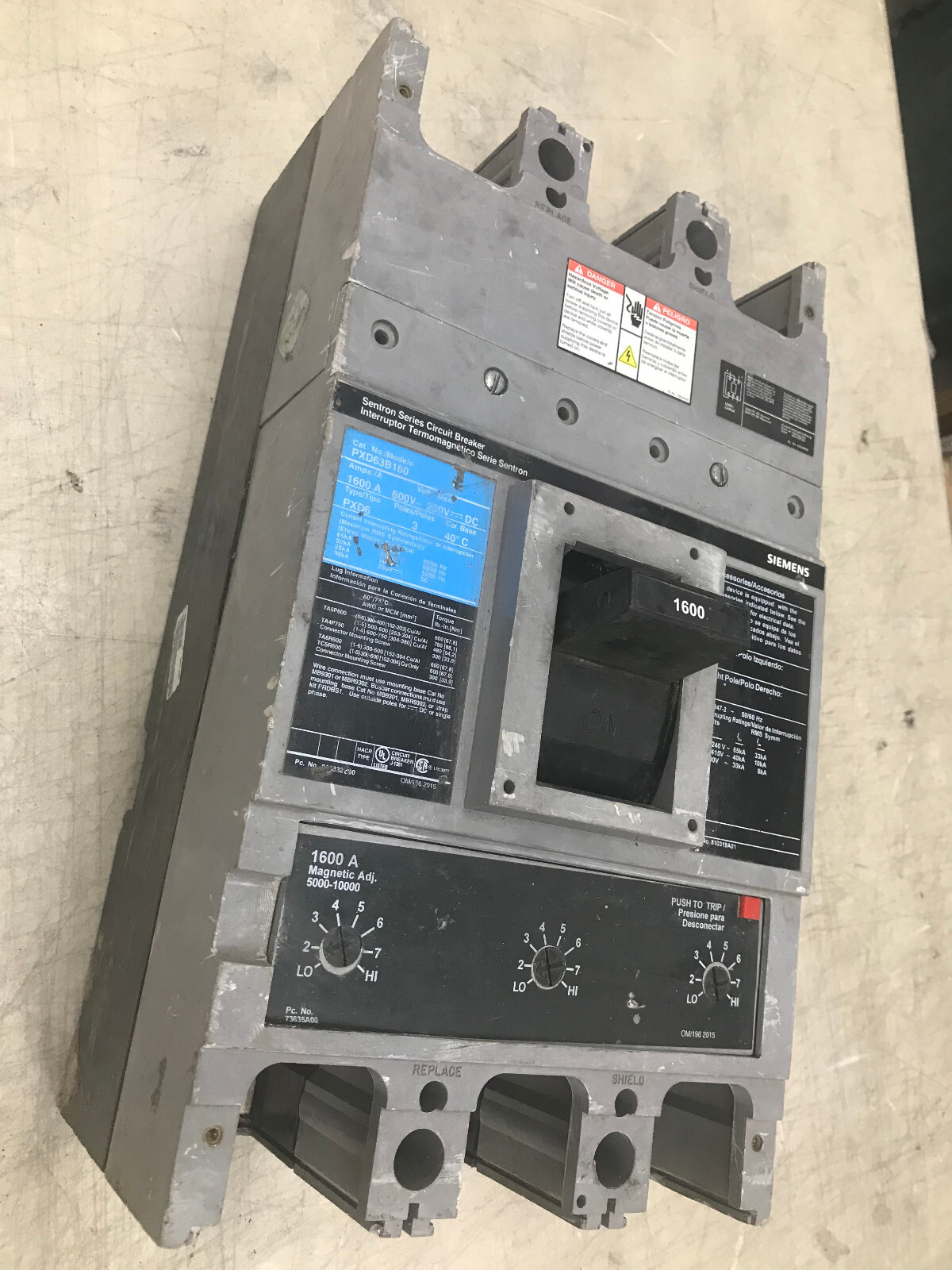 Siemens, PXD63B160 3-Pole 600V  Circuit Breaker. ( 1600Amp ) For Part Only