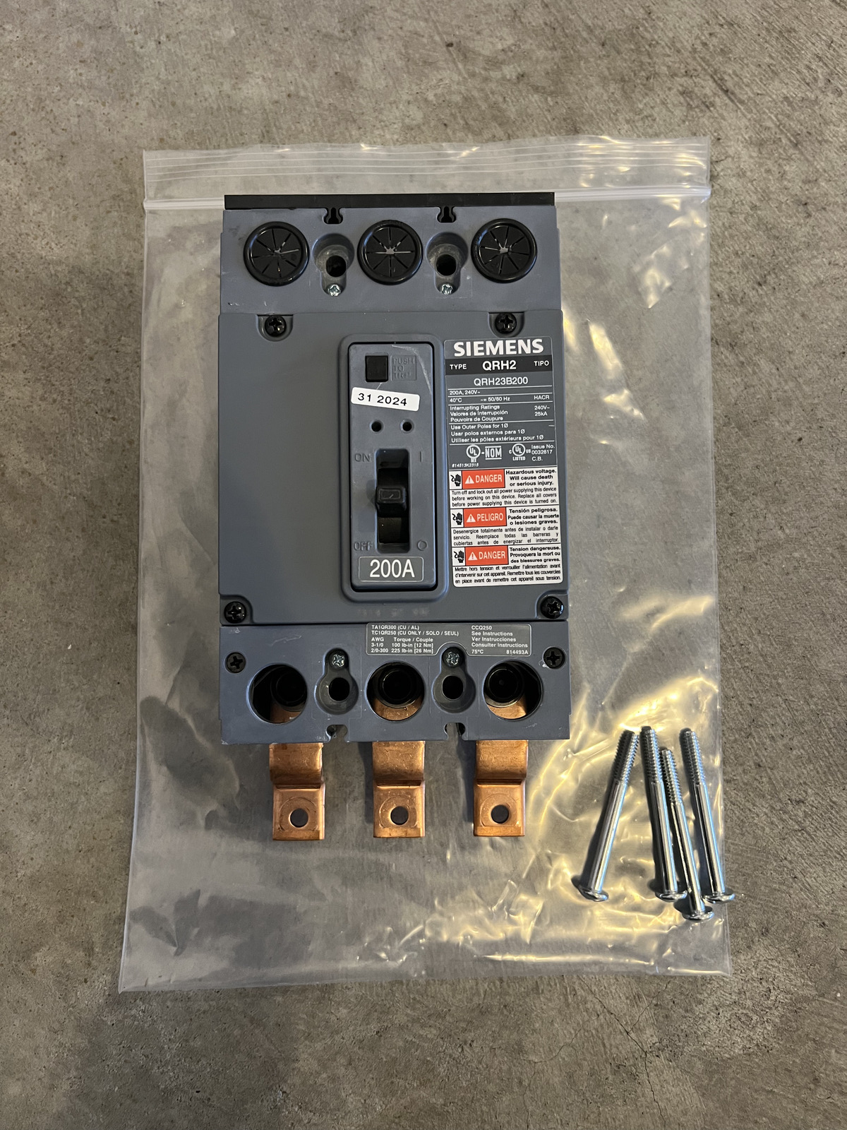 Siemens QRH23B200 200A, 240V, 3-Pole Molded Case Circuit Breaker