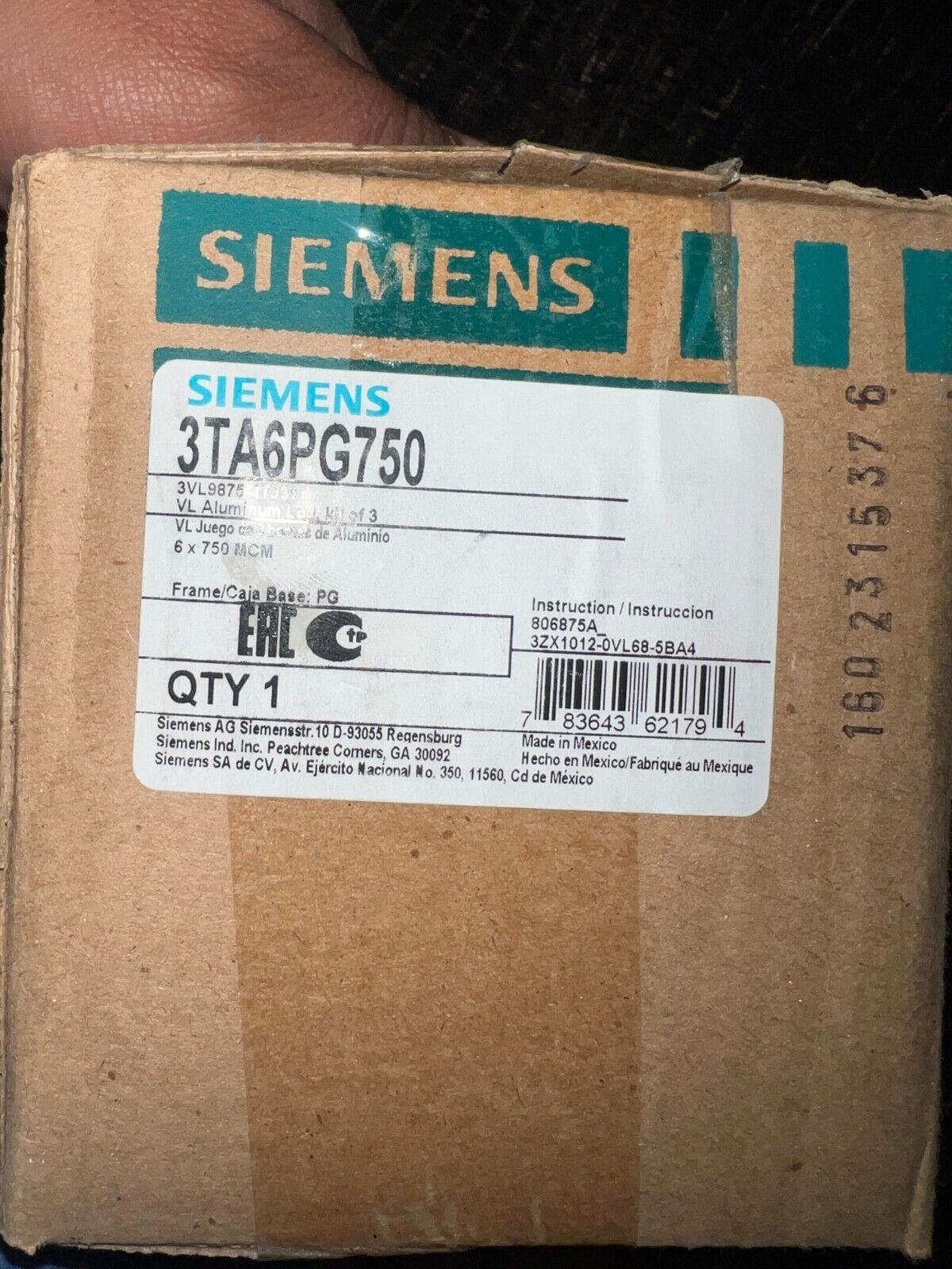 3TA6PG750 SIEMENS ALUMINUM LUG KIT OF 3 750MCM NEW