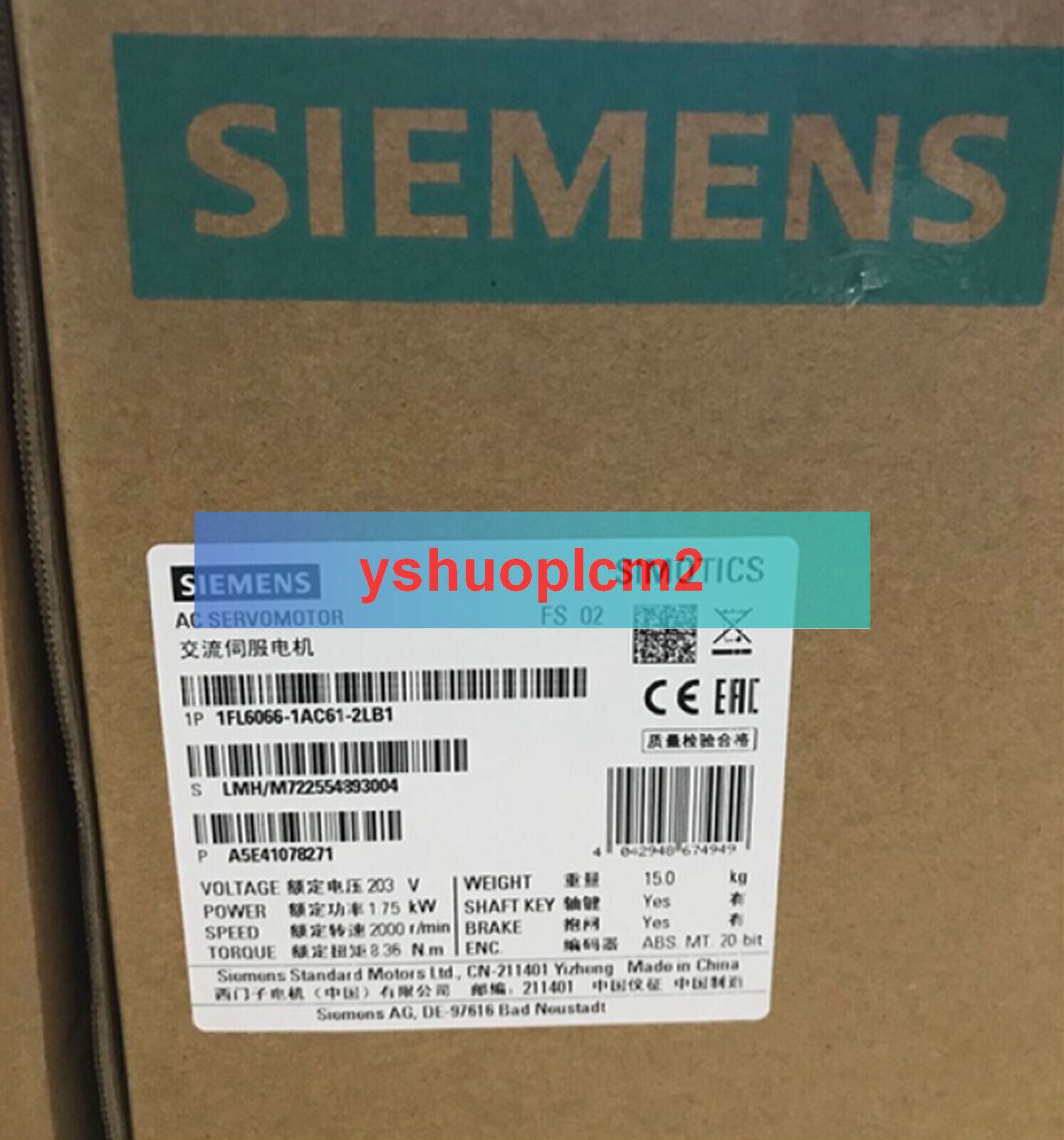 NEW Siemens 1FL6066-1AC61-2LB1 1FL6 MOTOR 1.75KW 2000RPM