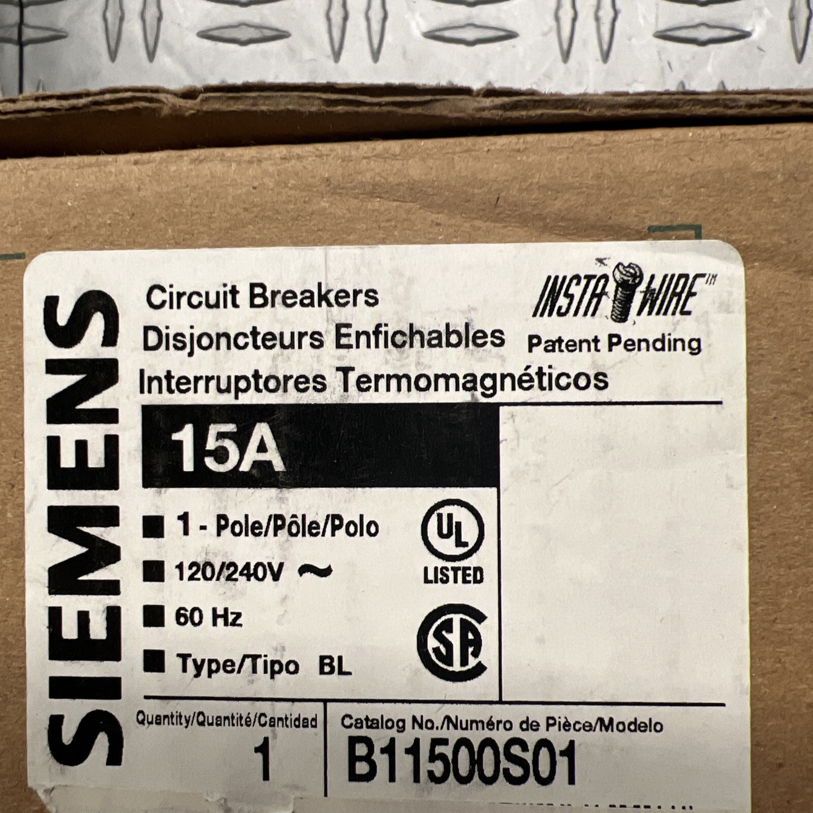 Siemens 15 Amp 1-pole B11500S01 Shunt Trip Breaker