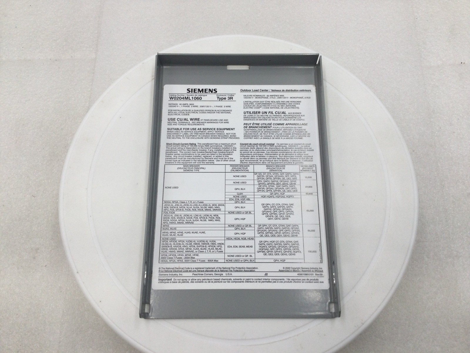 Siemens W0204ML1060 60 Amp Single-Phase Main Lug Load Center - Front Cover