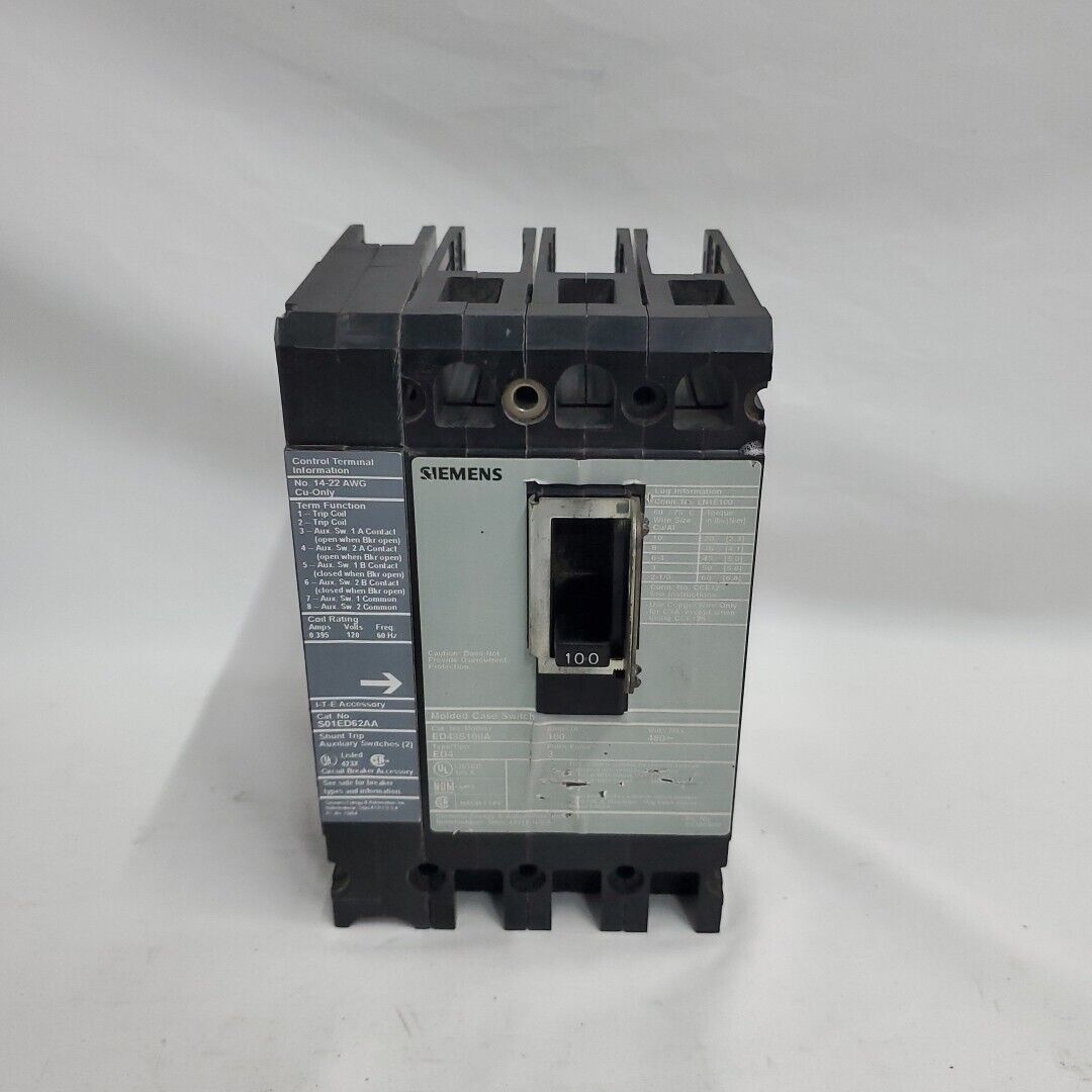 Siemens ED43S100A 480V 3-Pole 100A Circuit Breaker w/ S01ED62AA Shunt Trip Aux