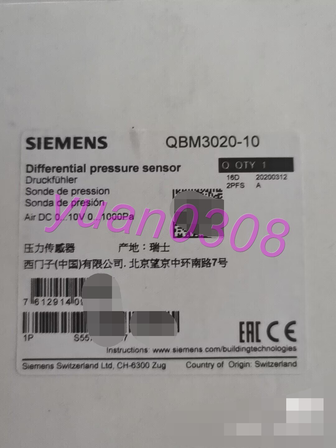 NEW SIEMENS QBM3020-10 Pressure sensor By DHL or FedEX