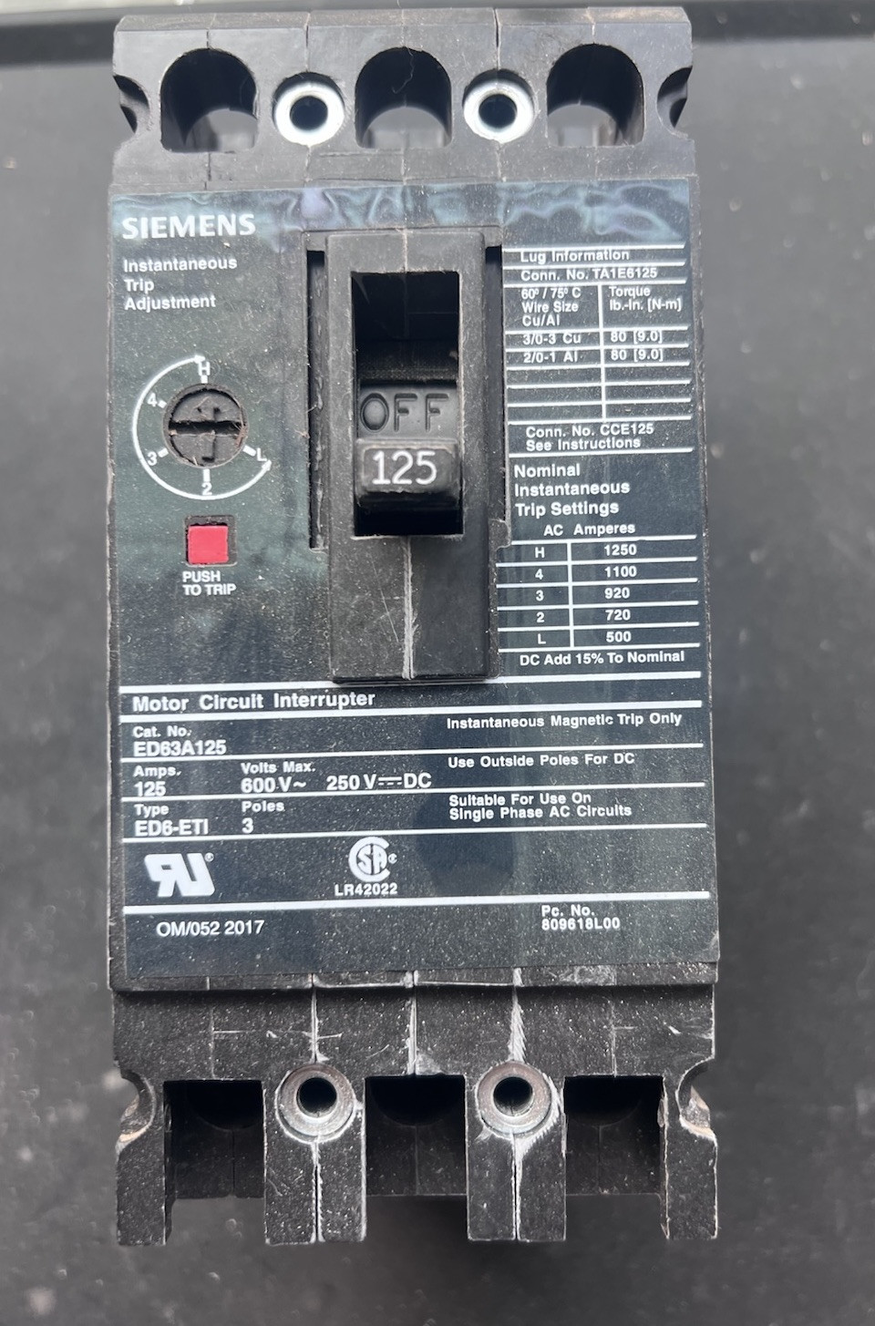Siemens ED63A125 Circuit Breaker 600 Volt 125 Amp Instant Trip Adjustment Used