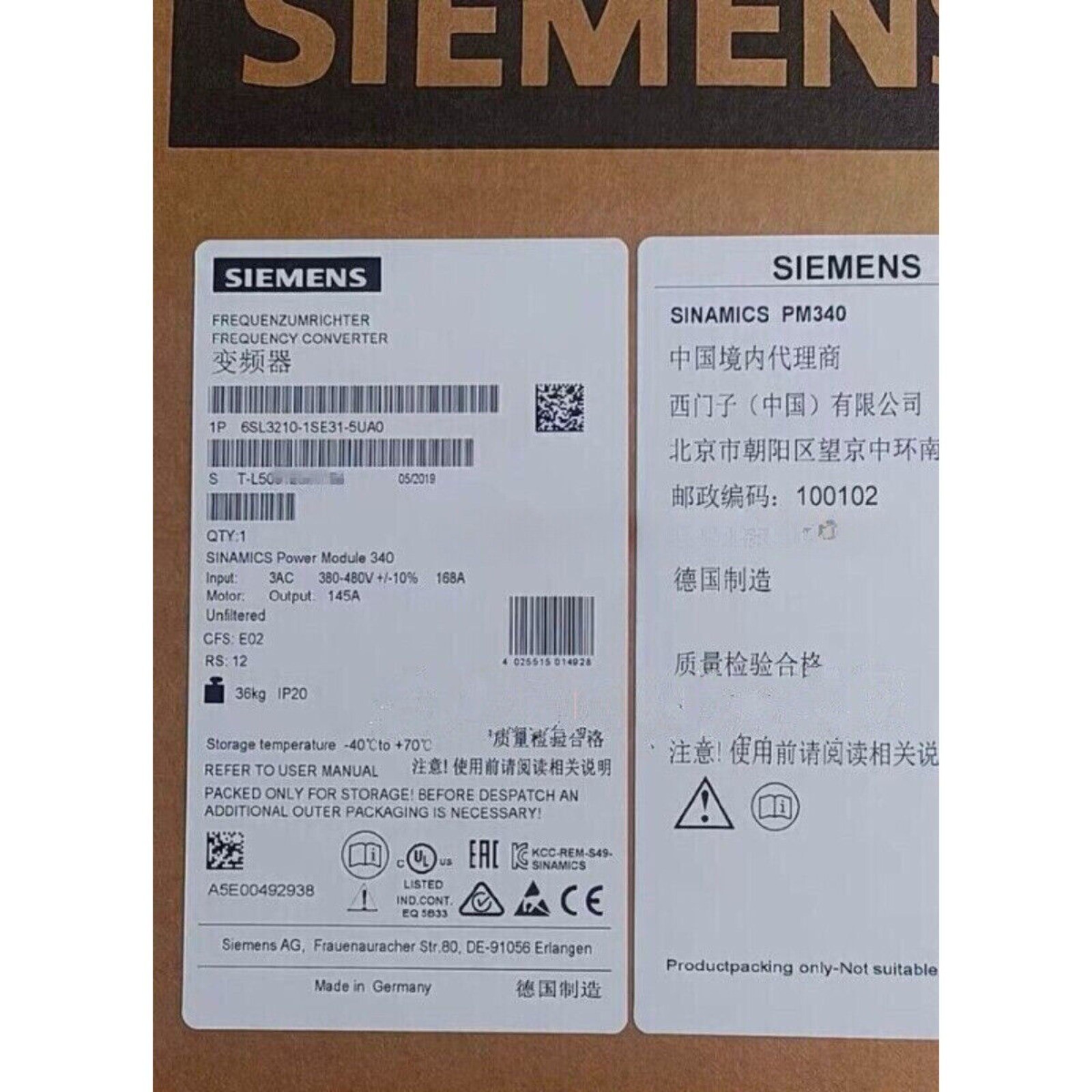 New Siemens 6SL3 210-1SE31-5UA0 6SL3210-1SE31-5UA0 converter Power Module PM340