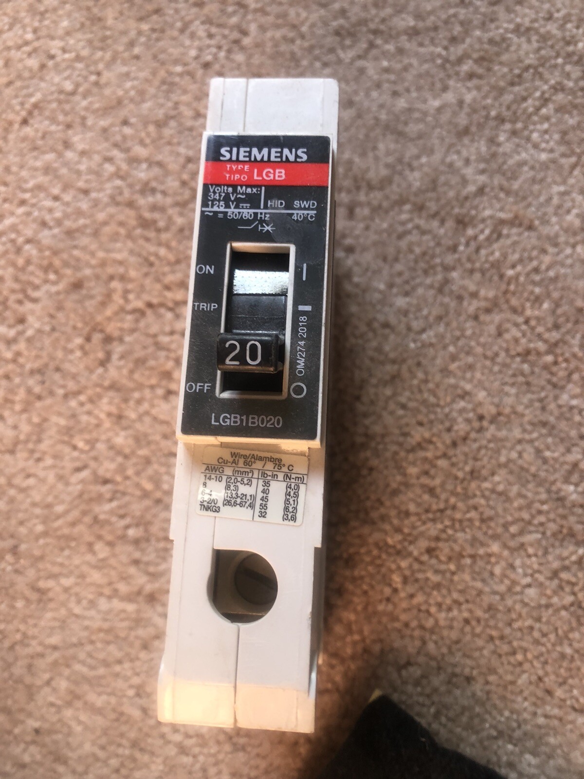 Siemens LGB1B020 Circuit Breaker 20 Amp 1 Pole 347 VAC 125 VDC LGB Bolt On Used