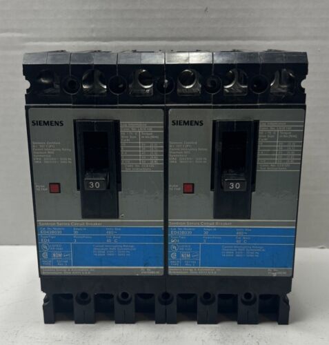Siemens ED43B030 Molded Case Circuit Breaker, 3 Poles, 480V, 30A Lot Of 2 Used