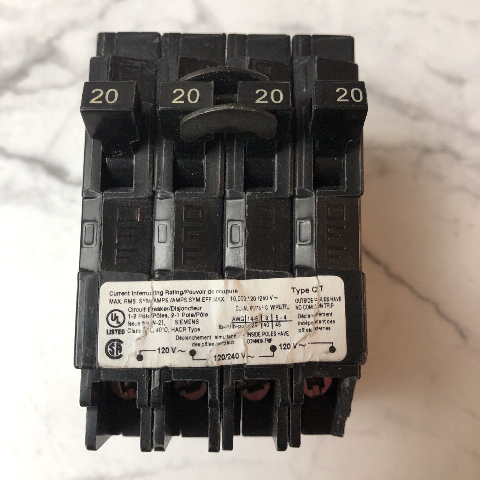 Siemens Four 20 Amp Circuit Breaker Pack Model #Q22020CT2 Molded Case Type QT