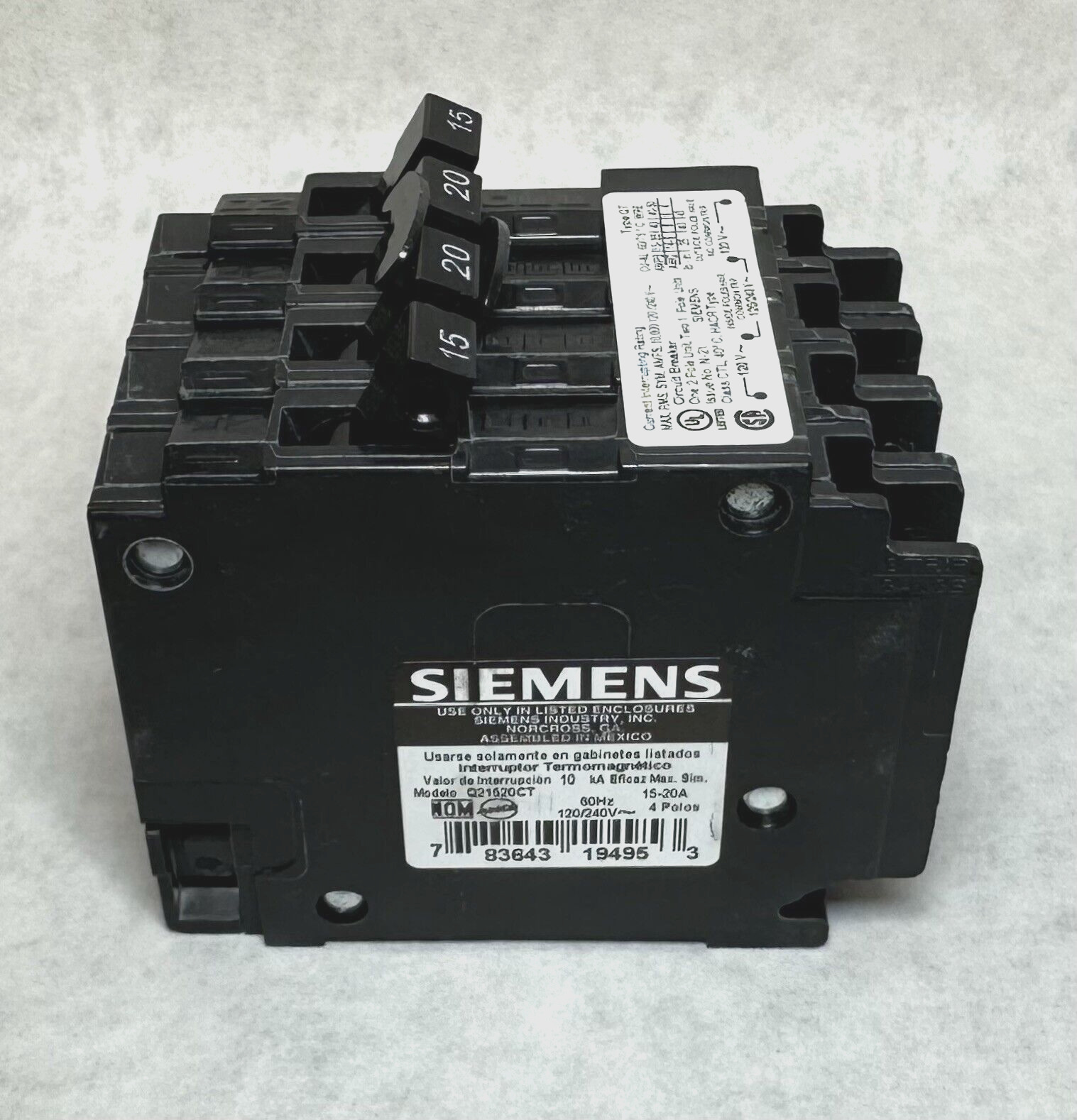NEW Siemens Q21520CT Quad Circuit Breaker 15/20A, Two 1-Pole (15A), 2-Pole (20A)